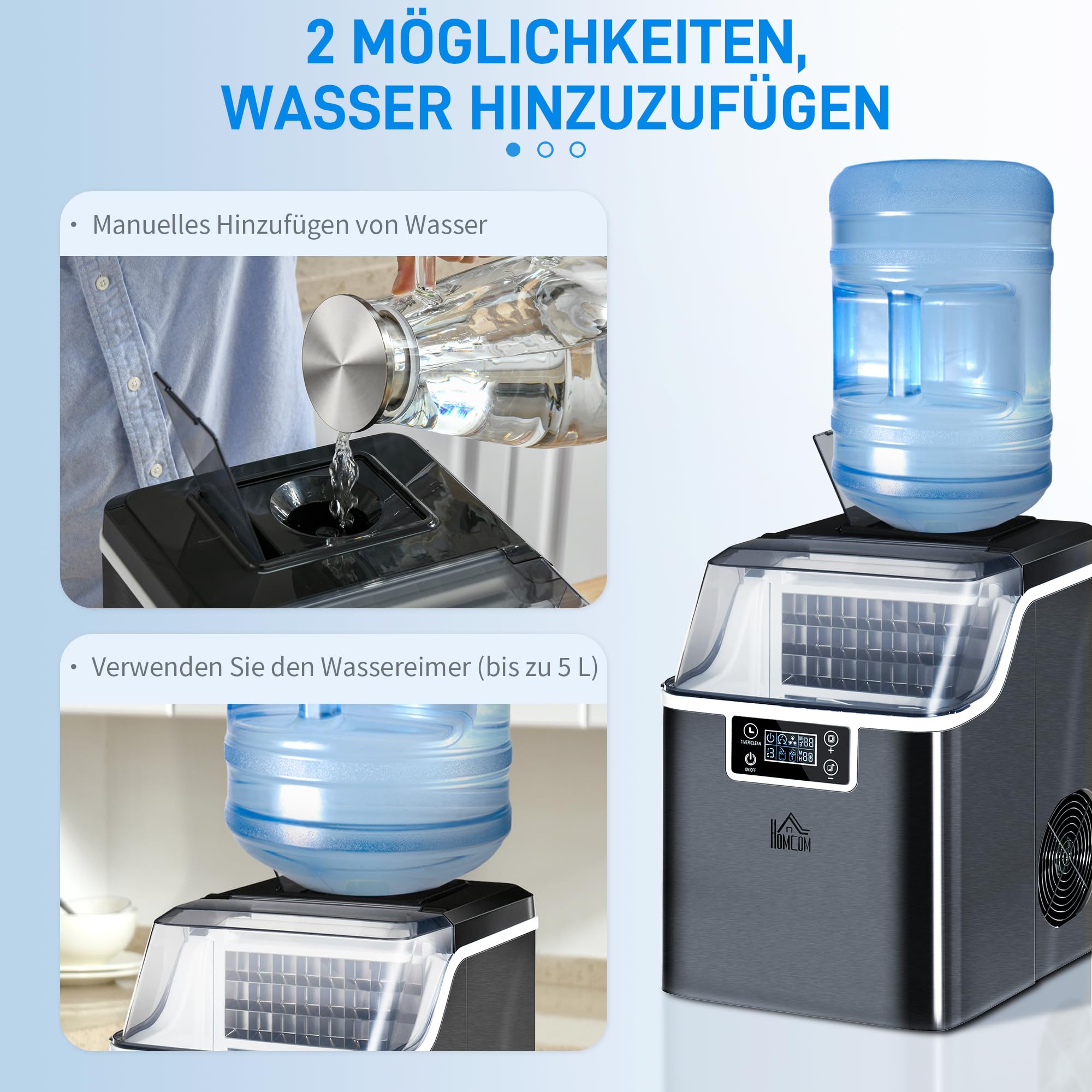 HOMCOM Máquina para hacer hielo 20 kg/24h 2.3 L Máquina para hacer cubitos de hielo con 3,2 L Depósito de agua Display Ice Cube Maker Machine - Máquina expendedora de hielo Autolimpieza Negro 25,2 x