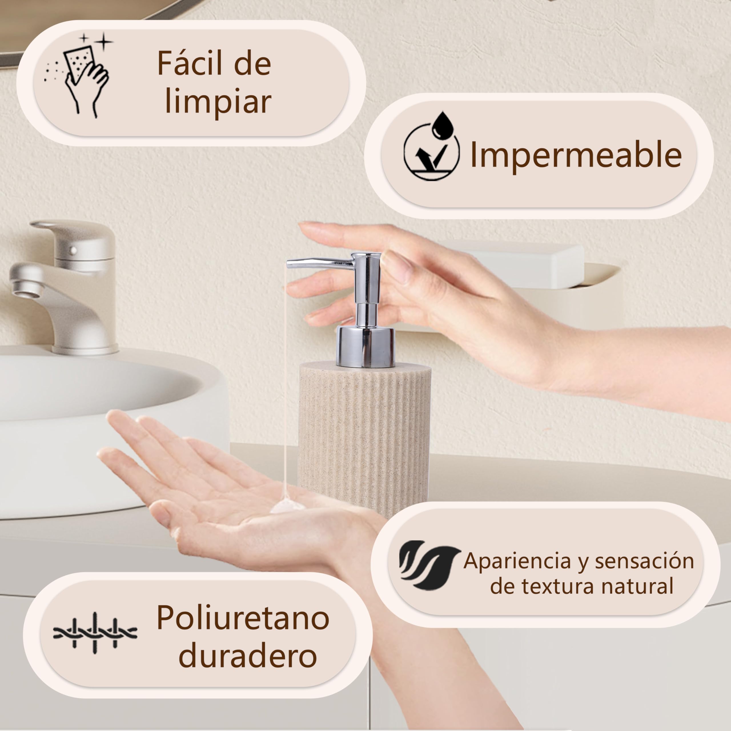 Set Completo de Accesorios de Baño 6 Piezas, Resina Beige Rayada | Dispensador de jabón, vaso, porta cepillos, bandeja, algodonero y organizador; conjunto completo para lavabo, tocador y baño.