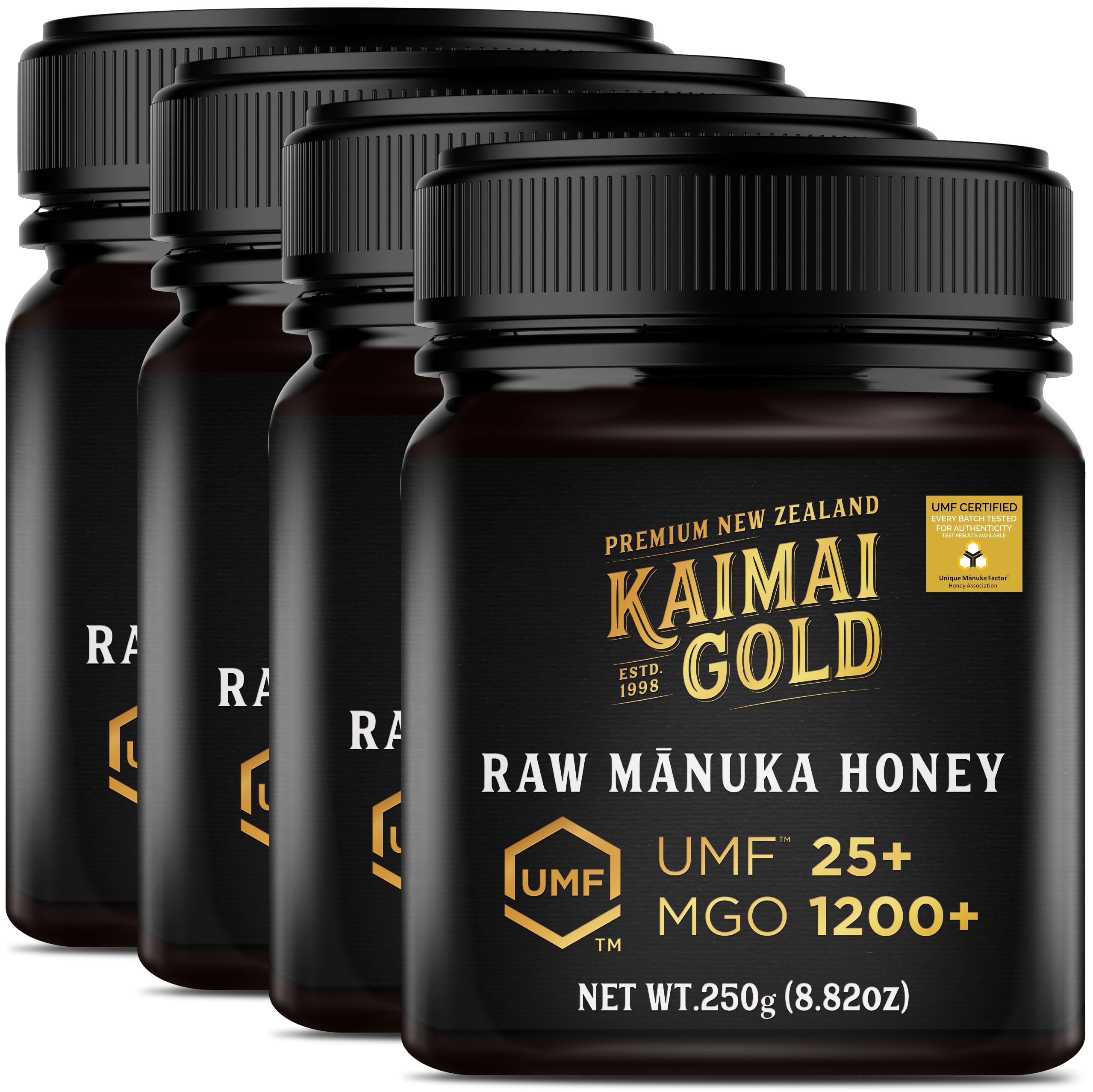 Manuka Honig KAIMAI GOLD (MGO 1200+) UMF® 25+ 1000g (= 4x250g) / Lieferung DE: 2-5 ARBEITSTAGEN # MGO 829 ≥ UMF 20, 899 ≥ 21, 971 ≥ 22, 1046 ≥ 23, 1122 ≥ 24, 1200 ≥ 25, 1282 ≥ 26, 1356 ≥ 27, 1450 ≥ 28