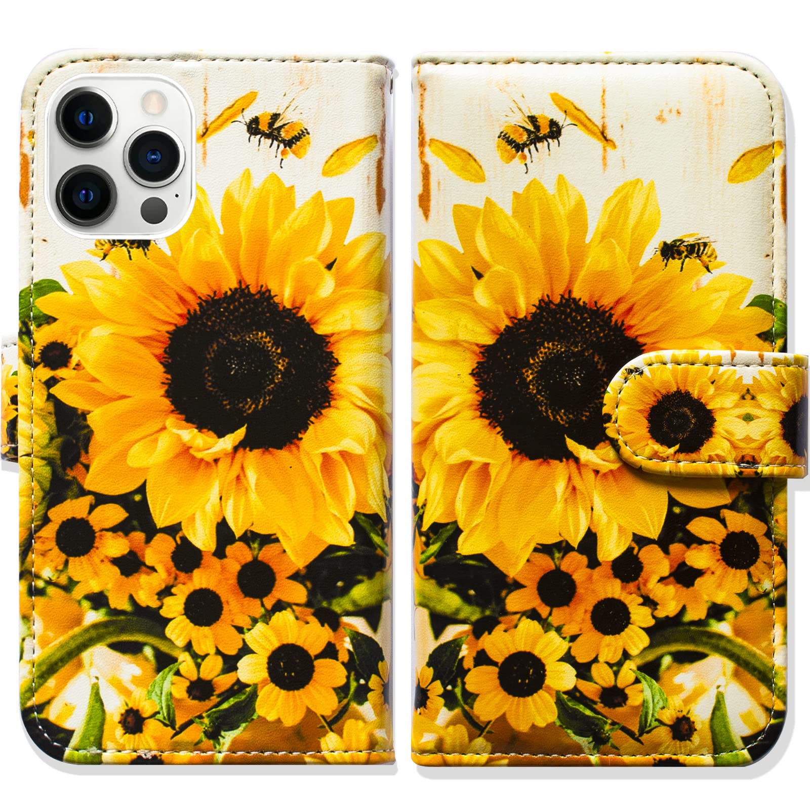 iPhone 14 Pro Max Case, Sunflower Bee Flip Phone Case Wallet Cover with Card Slot Holder Kickstand For iPhone 14 Pro Max