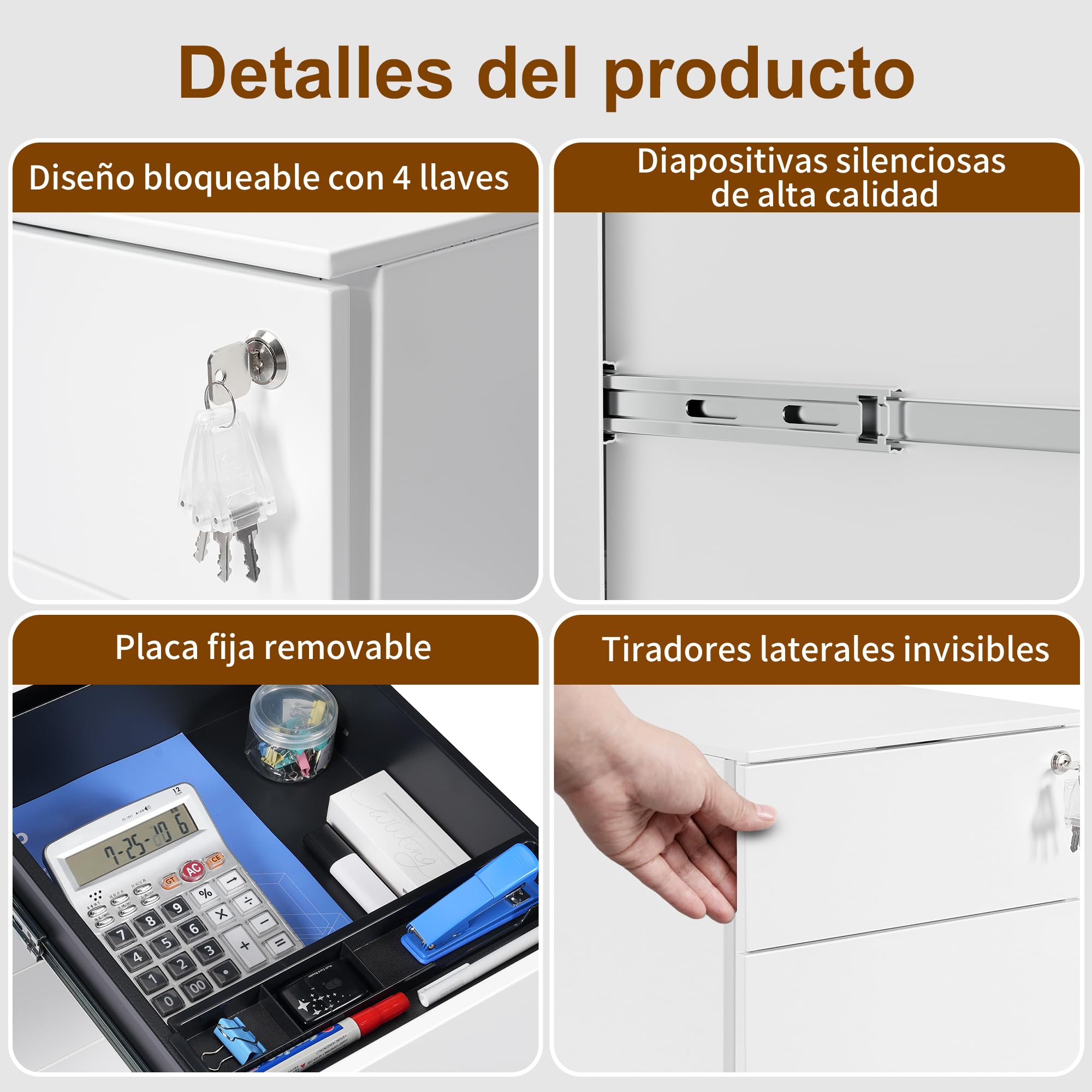 Cajonera móvil, Archivador Metálico con Cerradura, 4 Llaves, 4 Cajones, Premontado, para Oficina, Oficina en Casa, Blanco