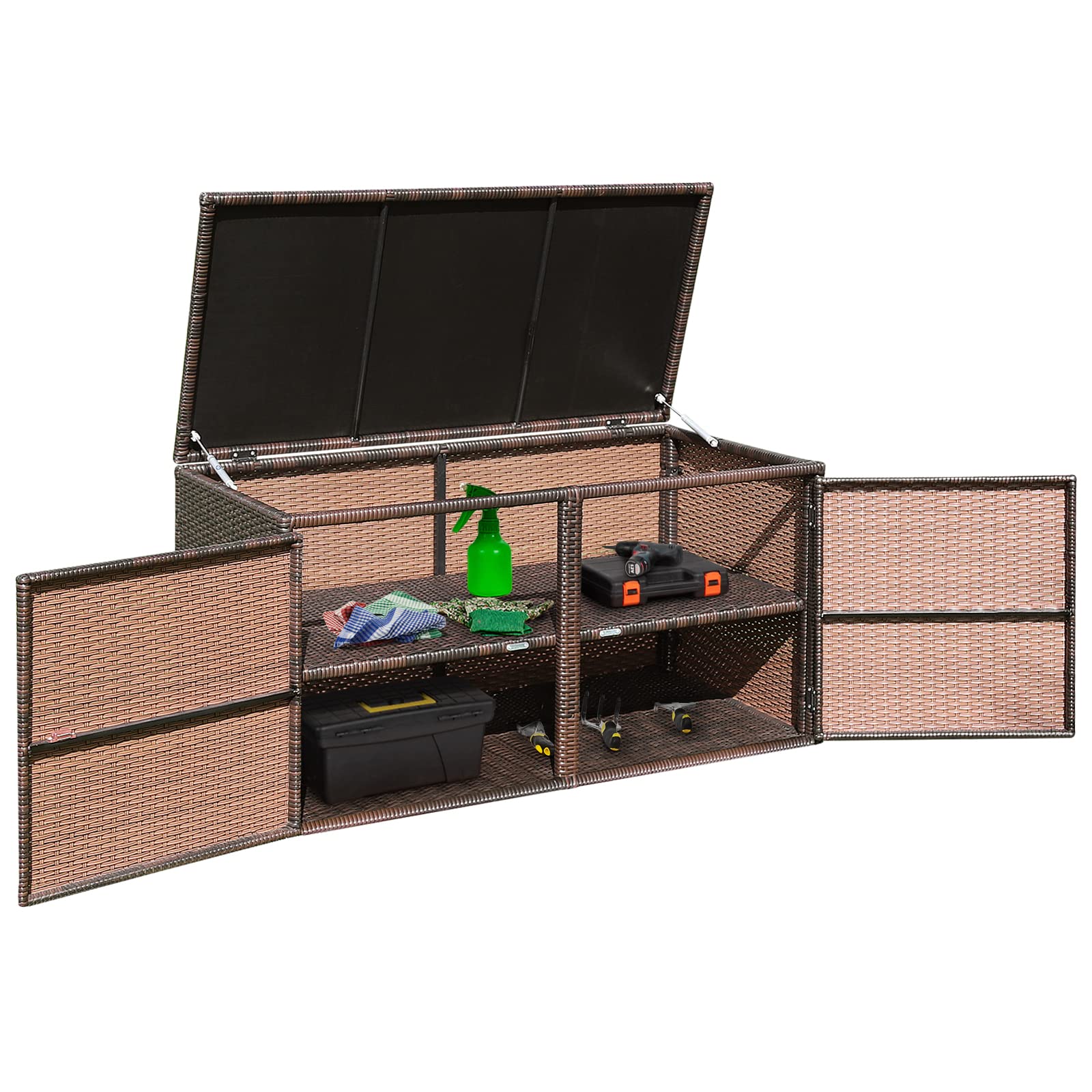 TANGZON 2-Tier Garden Storage Box, 2-Way Opening Rattan Deck Box Chest with Flip-Top Lid, Outdoor Weatherproof Storage Organiser with Metal Frame for Toy Cushion Poolside Patio Balcony (Brown)