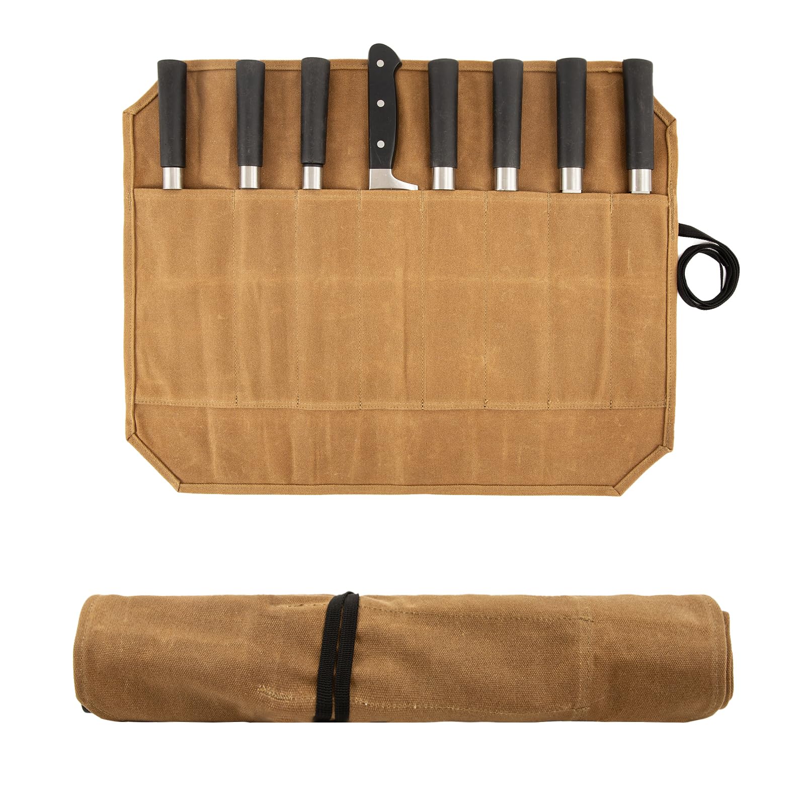 Chefs Knife Roll Bag, Waxed Canvas Knife Bag with Rope, Portable 8 Slots Knife Case, Multi-Function Knife Pouch Holder Knife Wrap Wallet Storage Bag for Home Kitchen Traveling Camping