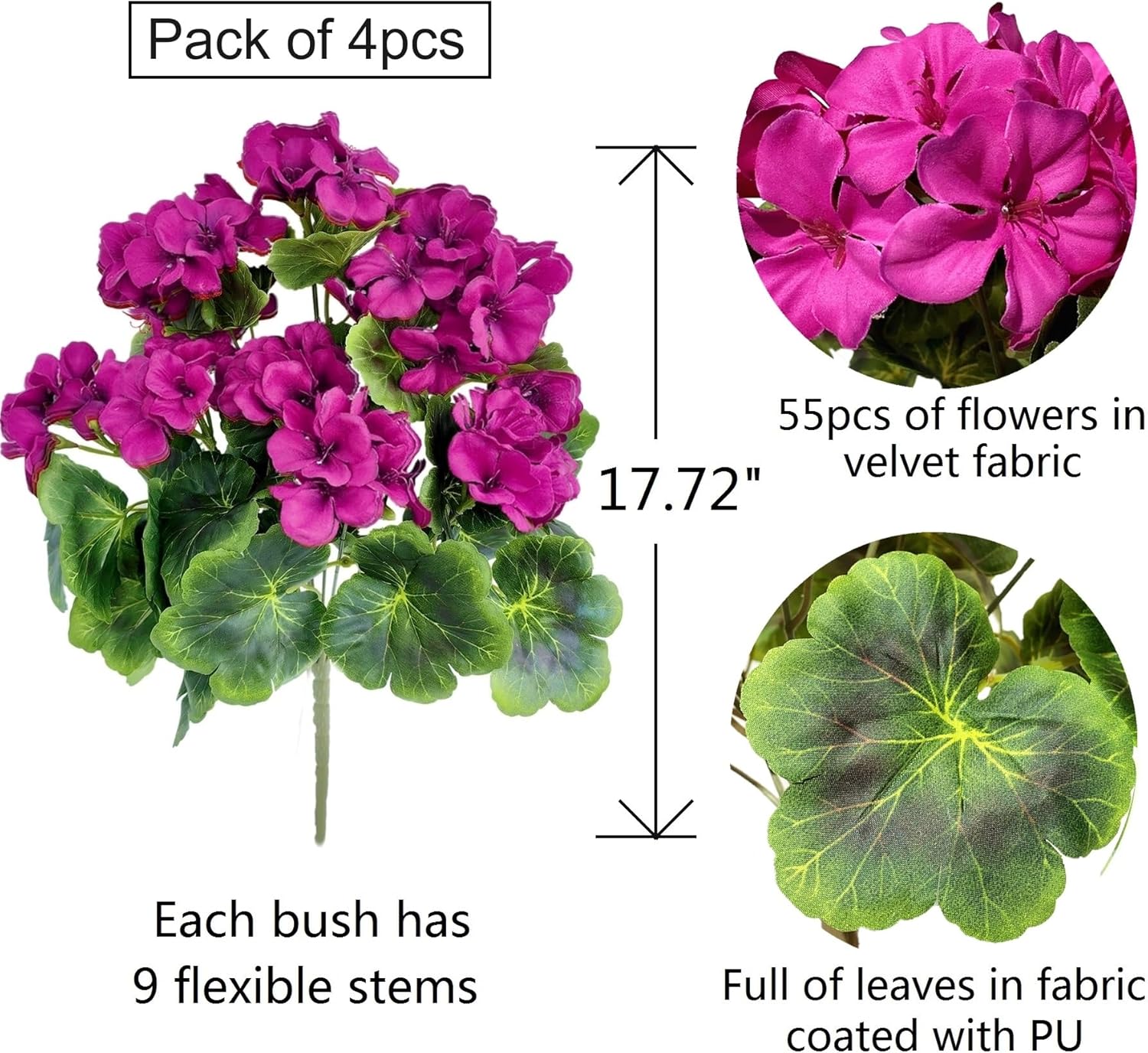 Pack of 4 - Artificial Geraniums Bundles Full Blooms Silk Flower Plants Geranium Bush Red Color for Home Garden Wedding Indoor Outdoor Decor (Violet - Pack of 4)