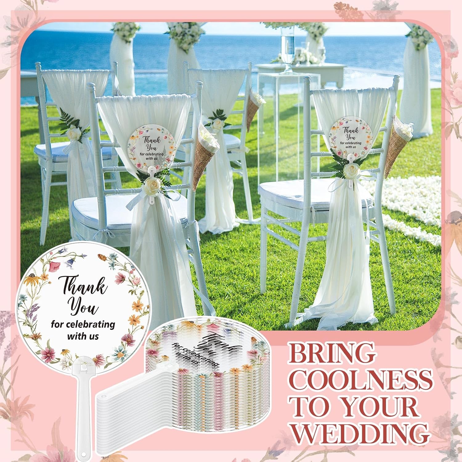Geelin 50 Pcs Wildflower Wedding Fans for Guest Transparent Acrylic Baby Shower Bridal Shower Handheld Favor Fans for Summer Wedding Bridesmaid Gift for Hot Outdoor Ceremony