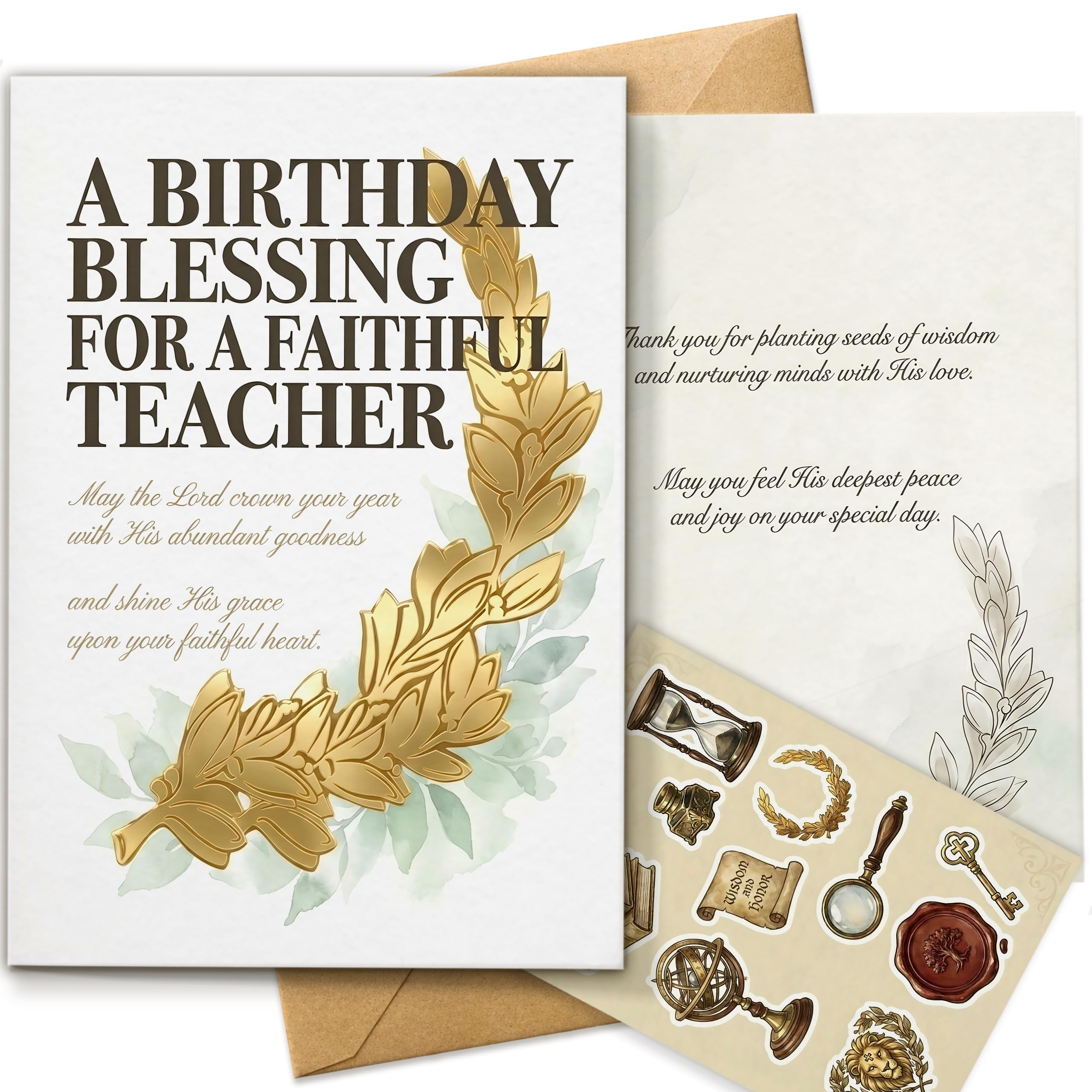 AIROW Religious Birthday Greeting Card for Teacher, Christian Faith-Based Educator Blessing, Gold Laurel Design, Standard A5 Size, Double-Sided Print, Includes Envelope & Matching Sticker Sheet