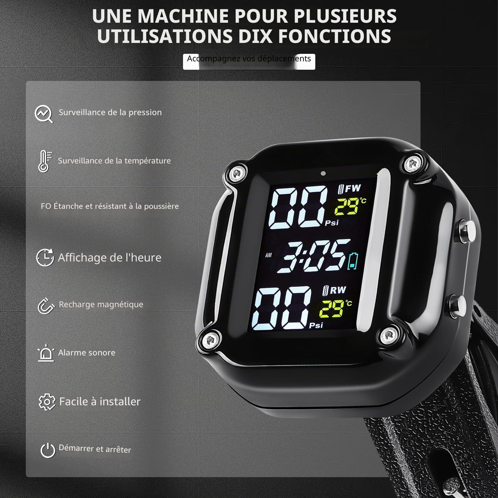 KAOLALI Motorcycle TPMS Système de Surveillance de la Pression des pneus sans Fil pour Moto chargeable par et USB Moto TPMS avec 2 capteurs externes Affichage LCD numérique TPMS pour Moto à Deux Roues