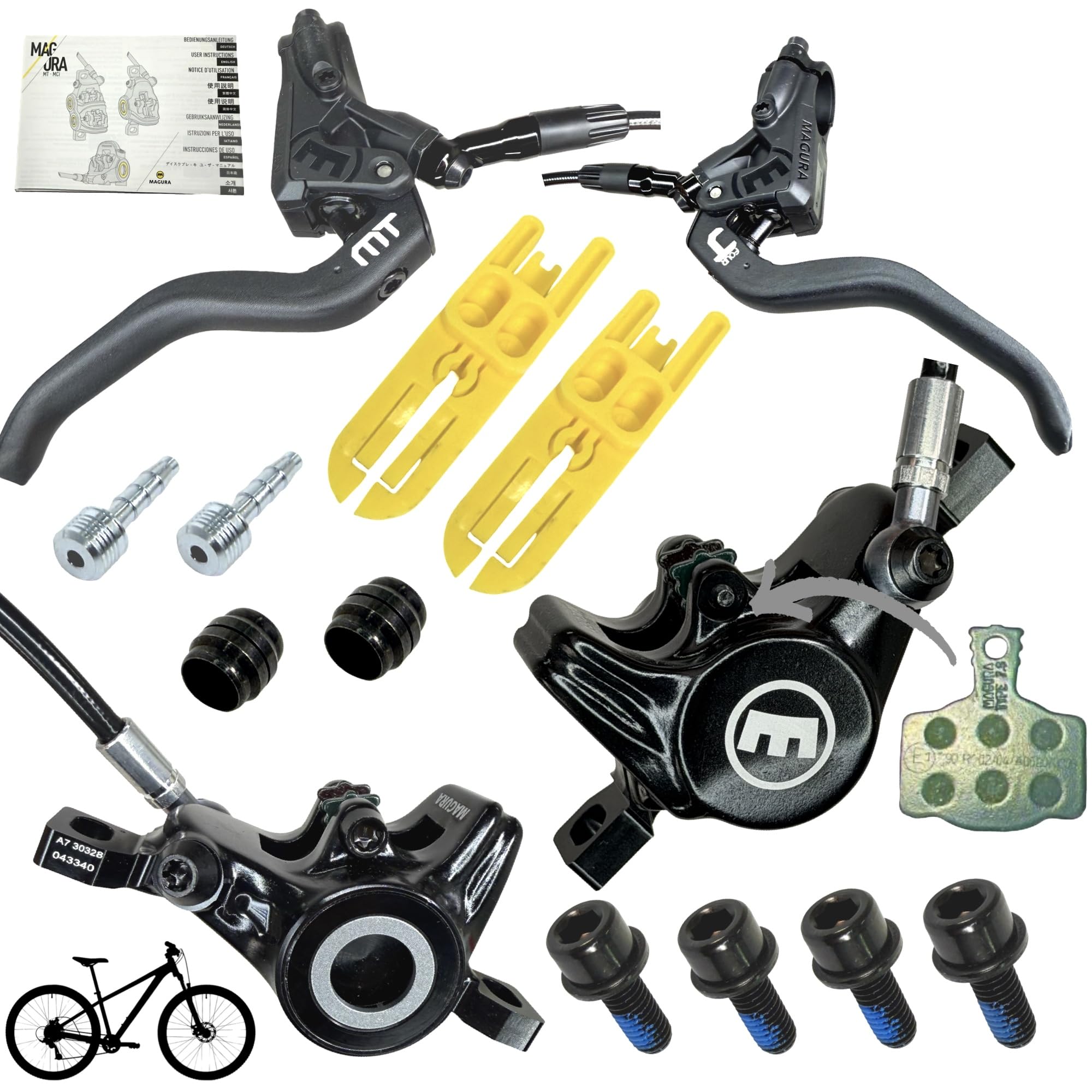 Original MT4 Hydraulische Fahrrad Scheibenbremse MTB Ebike Tour City Vorne + Hinten 160cm kompatibel mit Magura 7.S, 7.P, 7,R Bremsbelägen entlüftet als Set