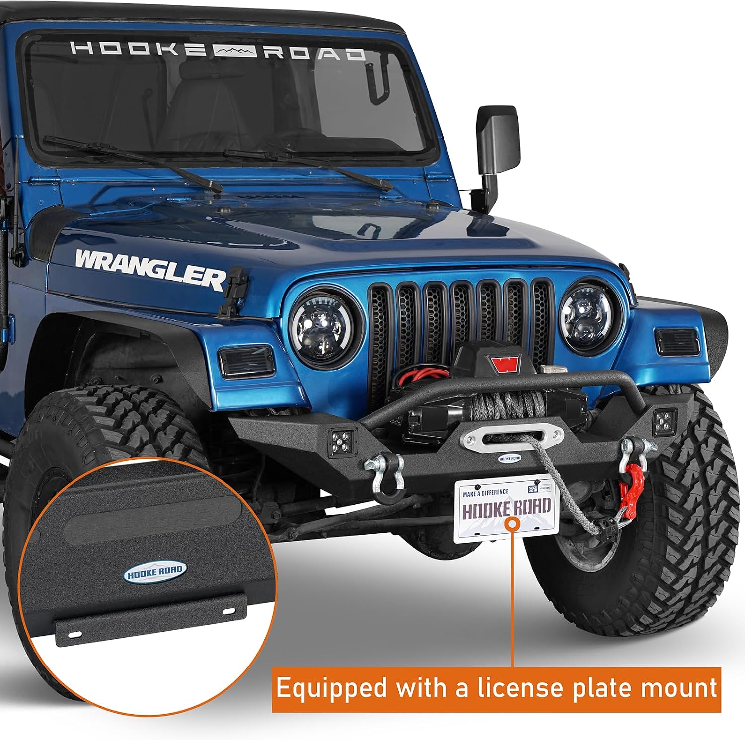 Hooke Road Wrangler TJ Front Bumper with Winch Plate & LED Lights & D-Rings for 1987-2006 Jeep Wrangler YJ TJ
