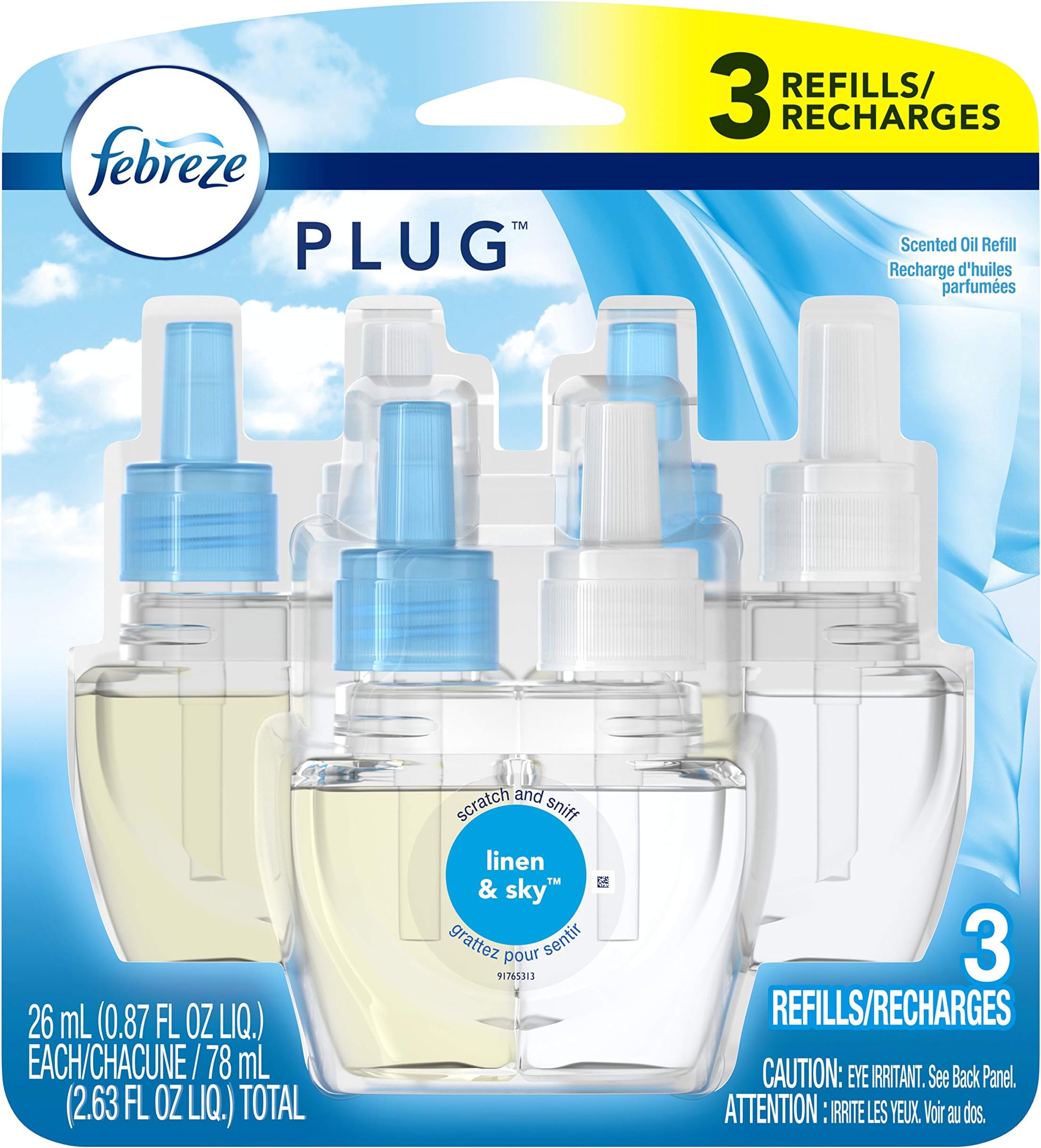 Febreze Plug in Air Freshener Scented Oil Refills, Linen & Sky, 3 Count
