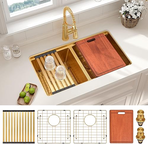 Vista 156 de LQS Fregadero de cocina dorado de 31 pulgadas, fregadero de cocina de acero inoxidable 50/50 de 31 x 18 pulgadas, fregadero de cocina de acero