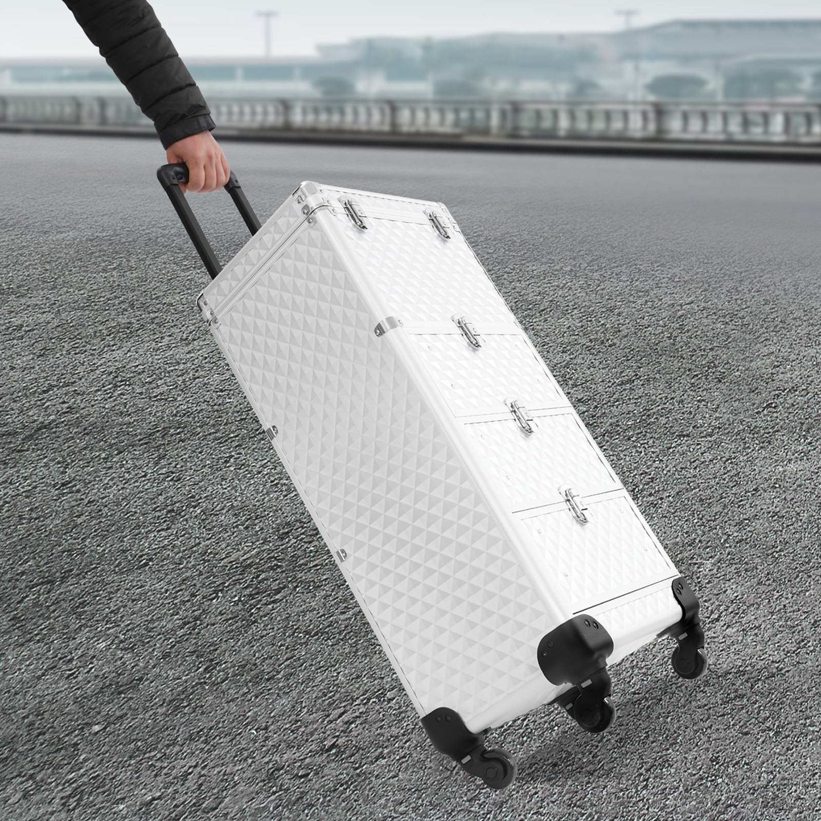 Rollbarer Schminkwagen mit 3 Schubladen Aluminiumlegierung Verstellbarer Griff 4 Räder Kosmetiktrolley für Visagisten Salon professionelle Aufbewahrung Organizer (Silber)