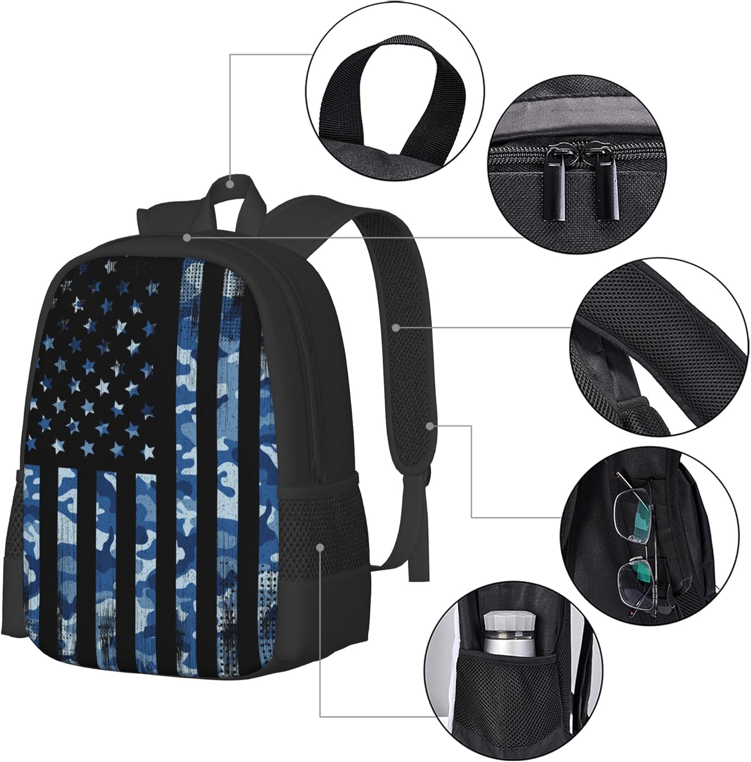 Blue Camo Backpacks with American Flag Style for Kids Boys Girls for School Travel, Custom Book bags with Name/Text for Teens Adults Women Men, Personalized Daypack Travel Rucksack Laptop Bag