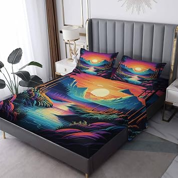 Sunset Sheets Full Sheet Set, Forest Mountain Landscape Bed Sheets, Colorful Scenic Bedding Bedroom Decor, Soft Microfiber Deep Pocket Fitted Sheet & Flat Sheet & 2 Pillowcases