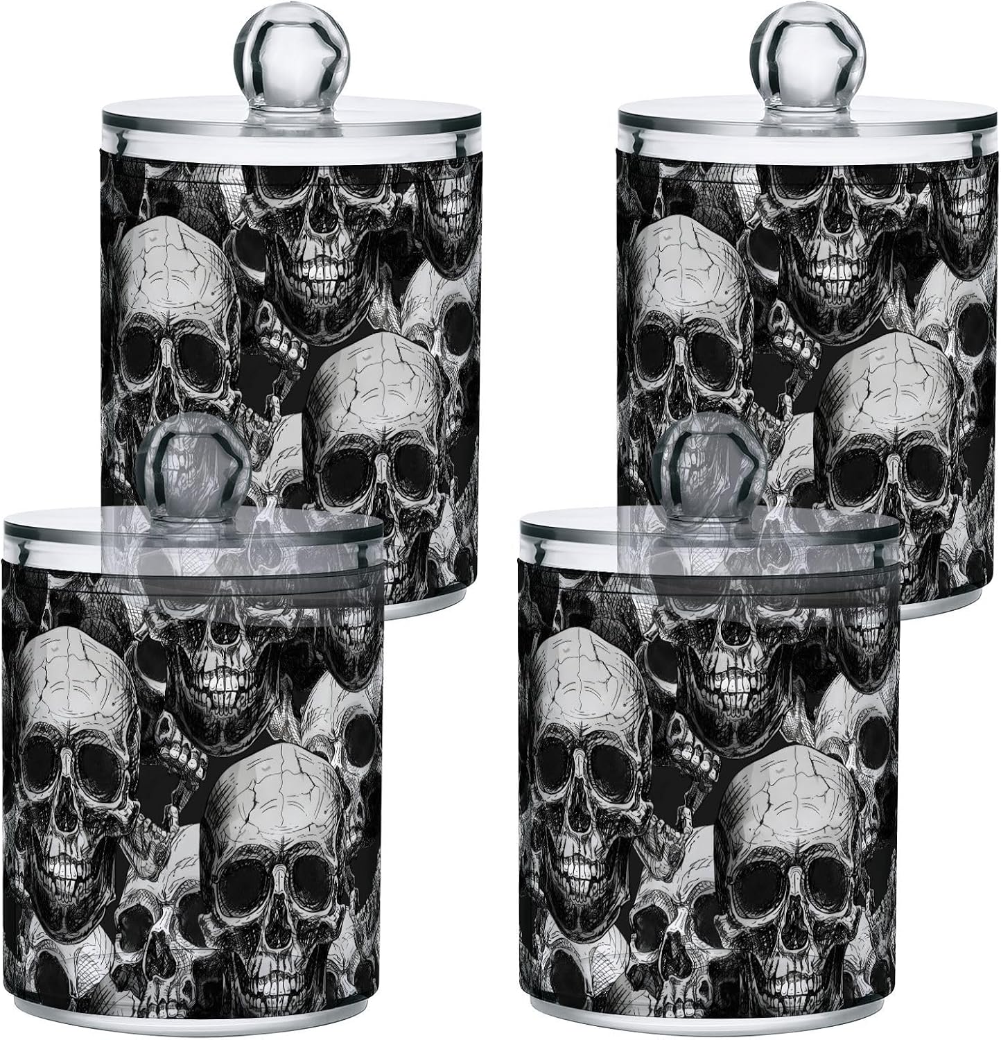 MNSRUU 4 Pack Qtip Holder Organizer Dispenser Black Goth Skull Bathroom Containers Plastic Bathroom Vanity Storage Canister Apothecary Jars for Cotton Swabs/Pads/Floss