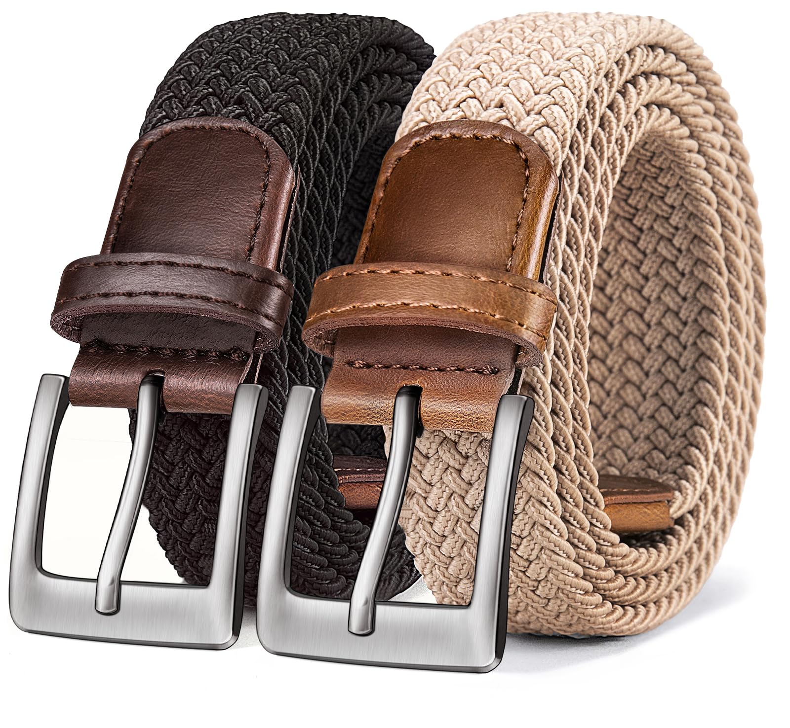 BULLIANT Woven Braided Stretch Web Belt 2Pack for Men 1 3/8"-Gift Boxed