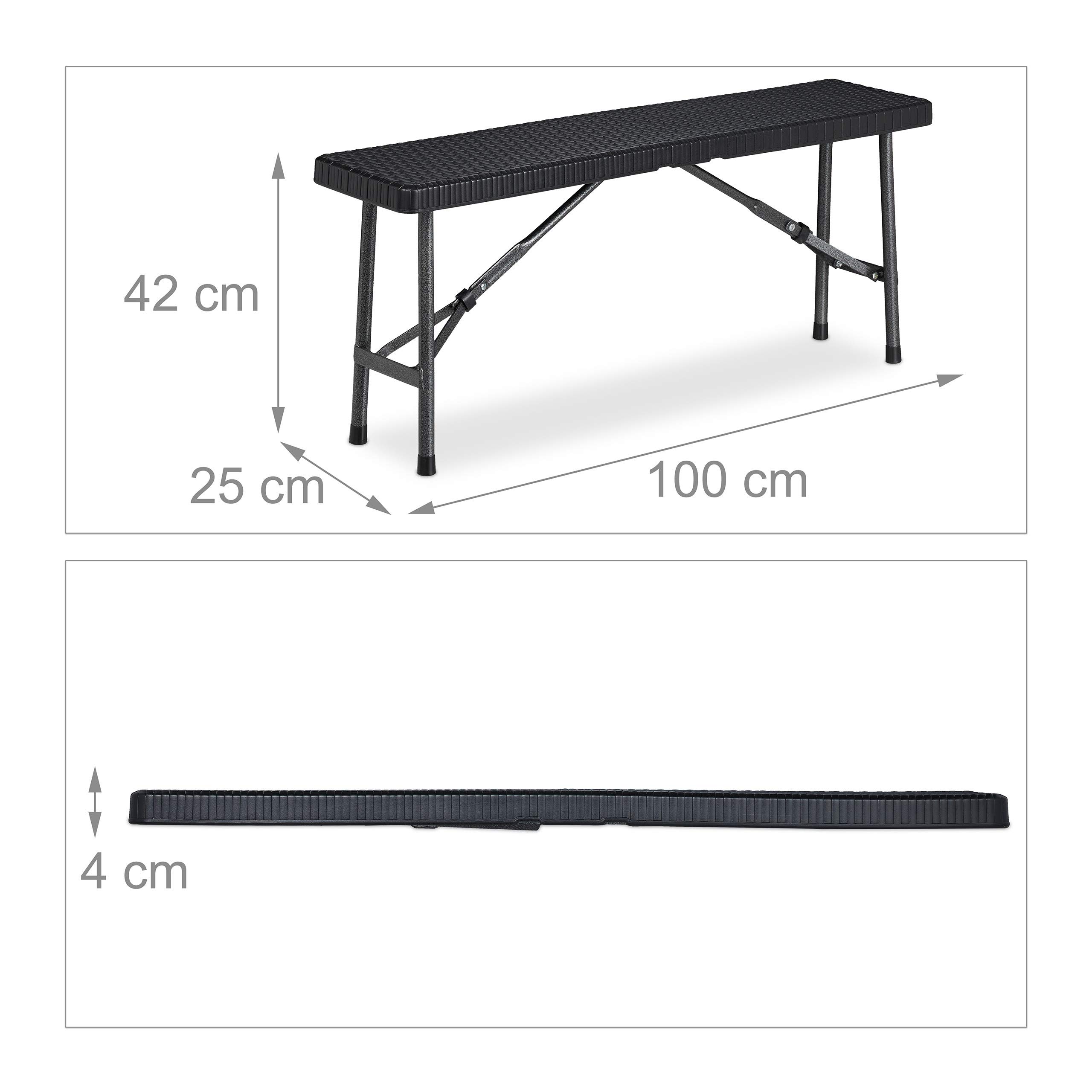 Relaxdays Banc Pliant, Lot de 2, terrasse, Jardin, Camping, Plastique, Pliable, Peu encombrant, HLP 42x100x25 cm, Noir