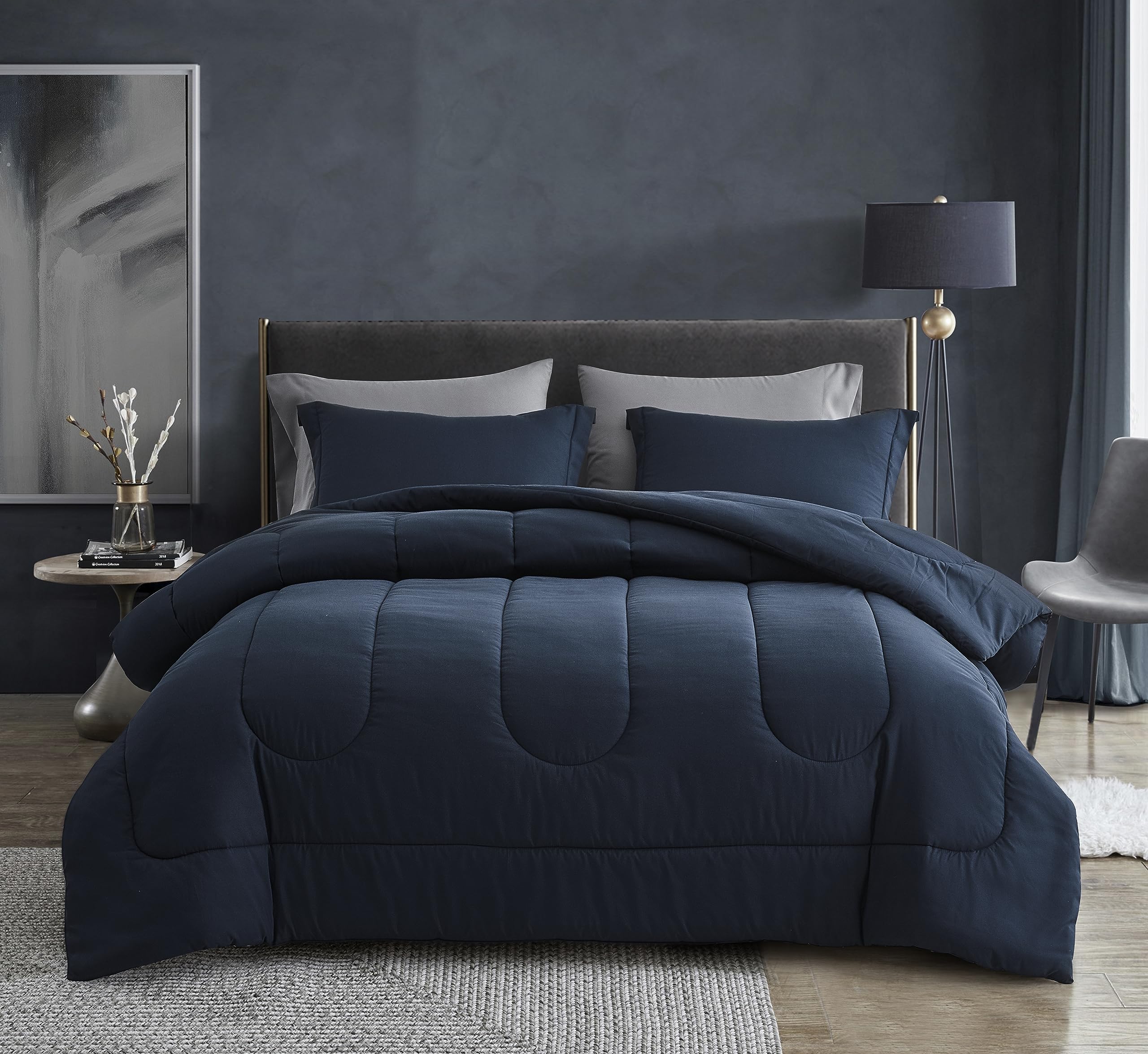 Maple&Stone Full Size Comforter Set 7 Pieces Bed in a Bag - Down Alternative Bed Set with Sheets, Pillowcases & Shams, Soft Reversible Duvet Insert, Navy