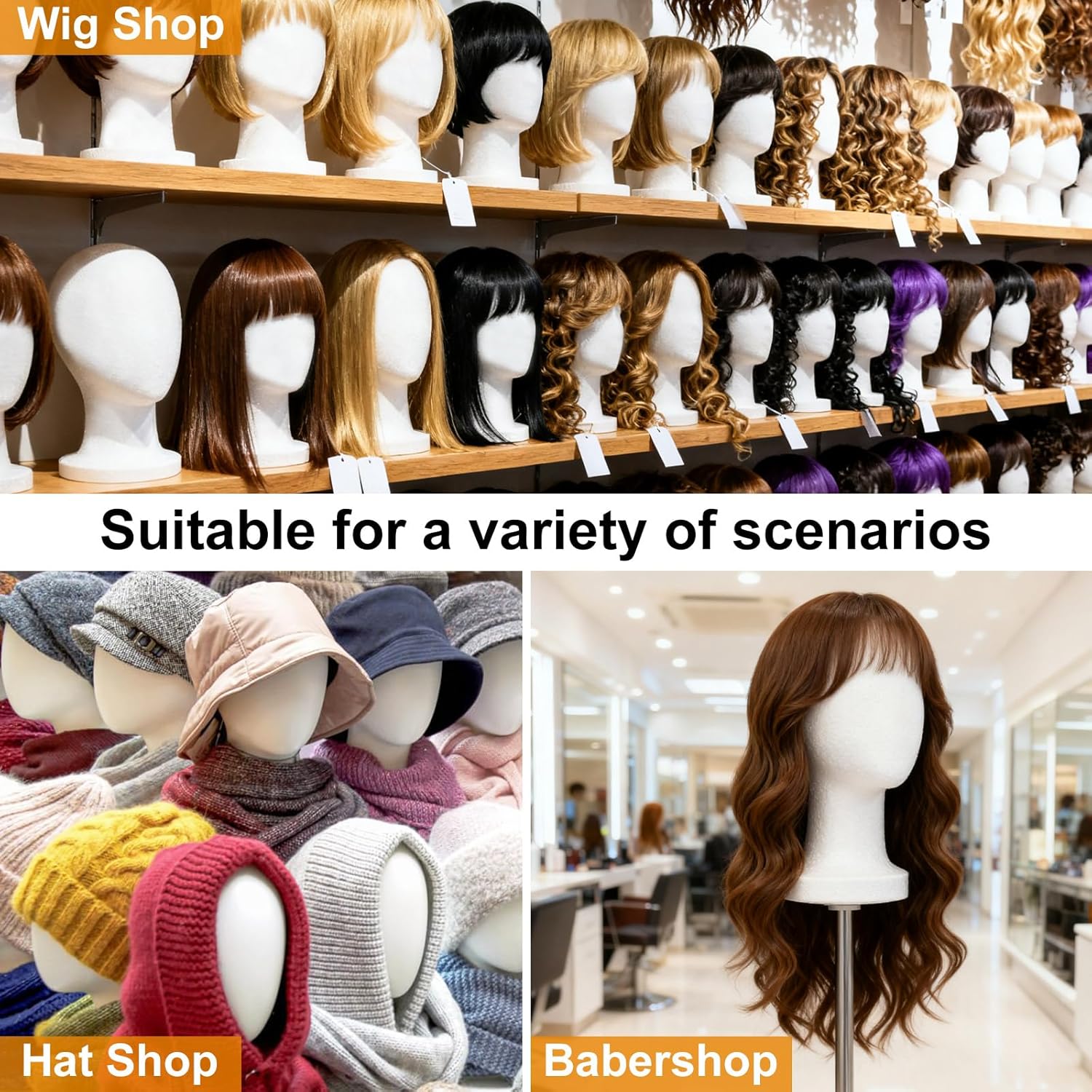 COOKOO 3 PCS Faceless Foam Mannequin Head Wigs Holder Styrofoam Wig Head Stand Wigs Foam Heads for Style, Model Hats ,Display Hair, and Hairpieces, Mask ,Home, Salon and Travel (3 Pieces)