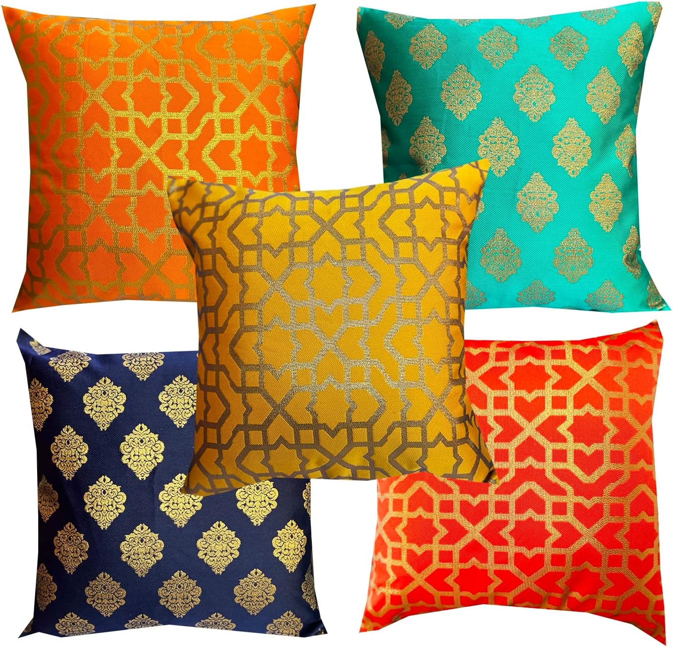 PINK PARROT Dupion Silk 150TC Cushion Cover, 16x16 Inch, Multicolour, Set of 5