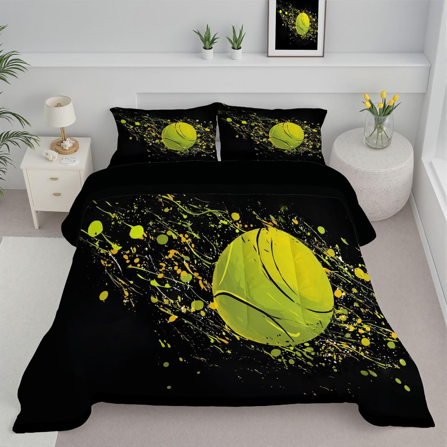 3D Yellow Tennis Ball Comforter Set Full Size Bedding Set Sports Ball Ink Drawing All Season Down Comforter Printed Quilted with 2 Pillow Shams for Kids, Teens, Adults 80 x 90in Green