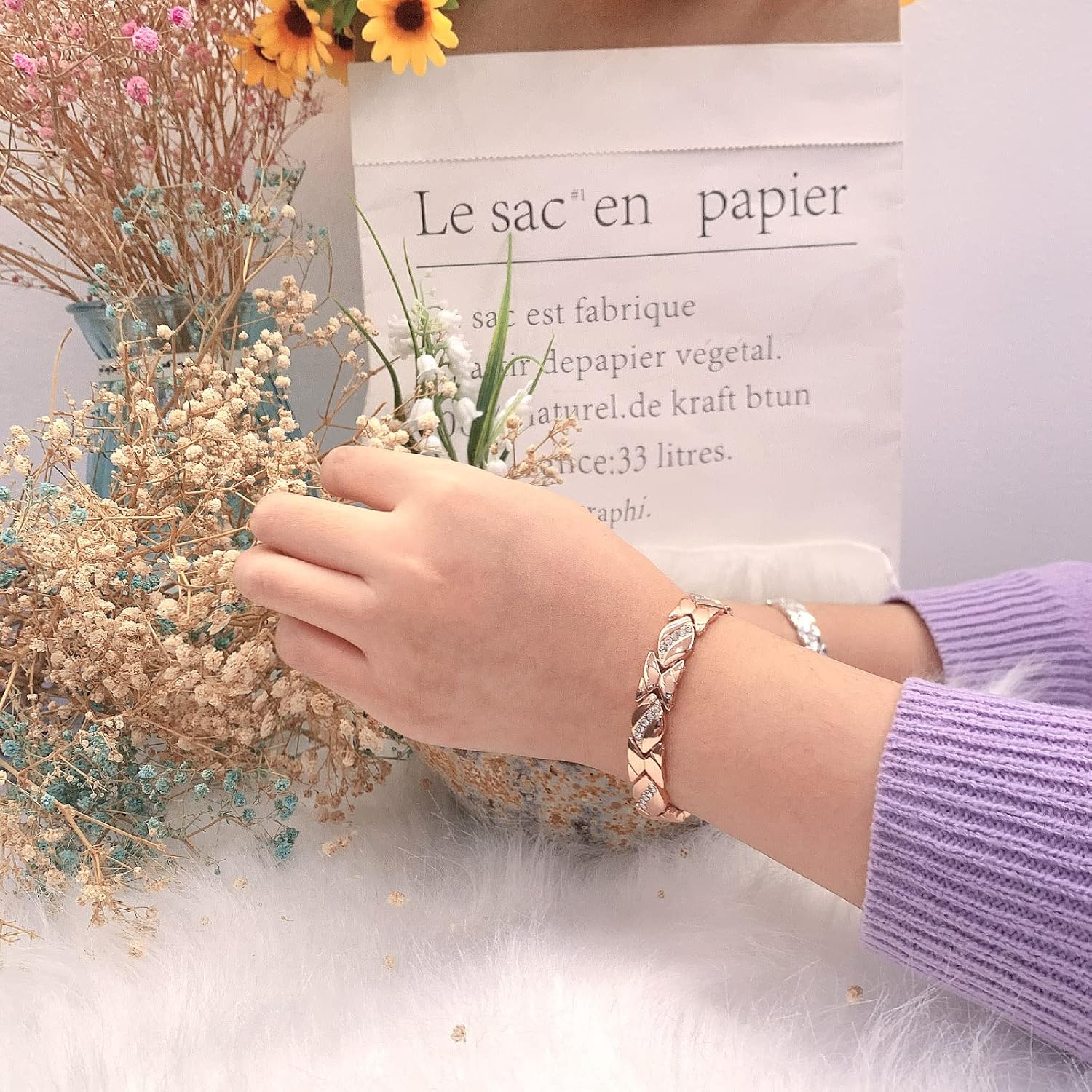 Copper Bracelet for Women Pure Copper Crystal Bracelets Link Chain Charm Christmas Jewelry Gift 3500 Gauss with Adjust Tool Rose Gold - Image 3