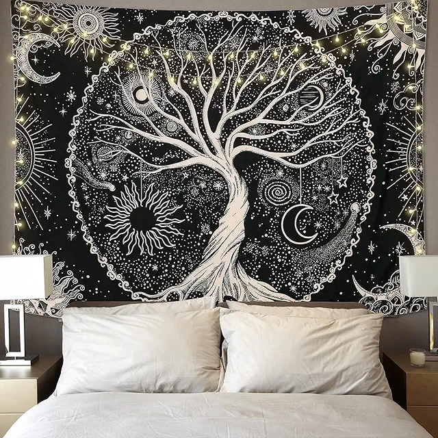 Tapisserie Arbre de Vie Mandala Noir et Jaune - Décoration Murale en Tissu