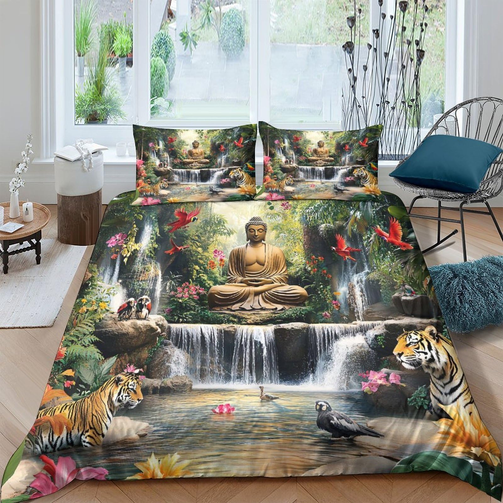 GPLZQXKJNH 3D Printed Buddha Waterfall Duvet Cover Microfiber Soft Jungle Tiger Bedding Set with 2 Pillowcases for Bedroom Decor Single（135x200cm）