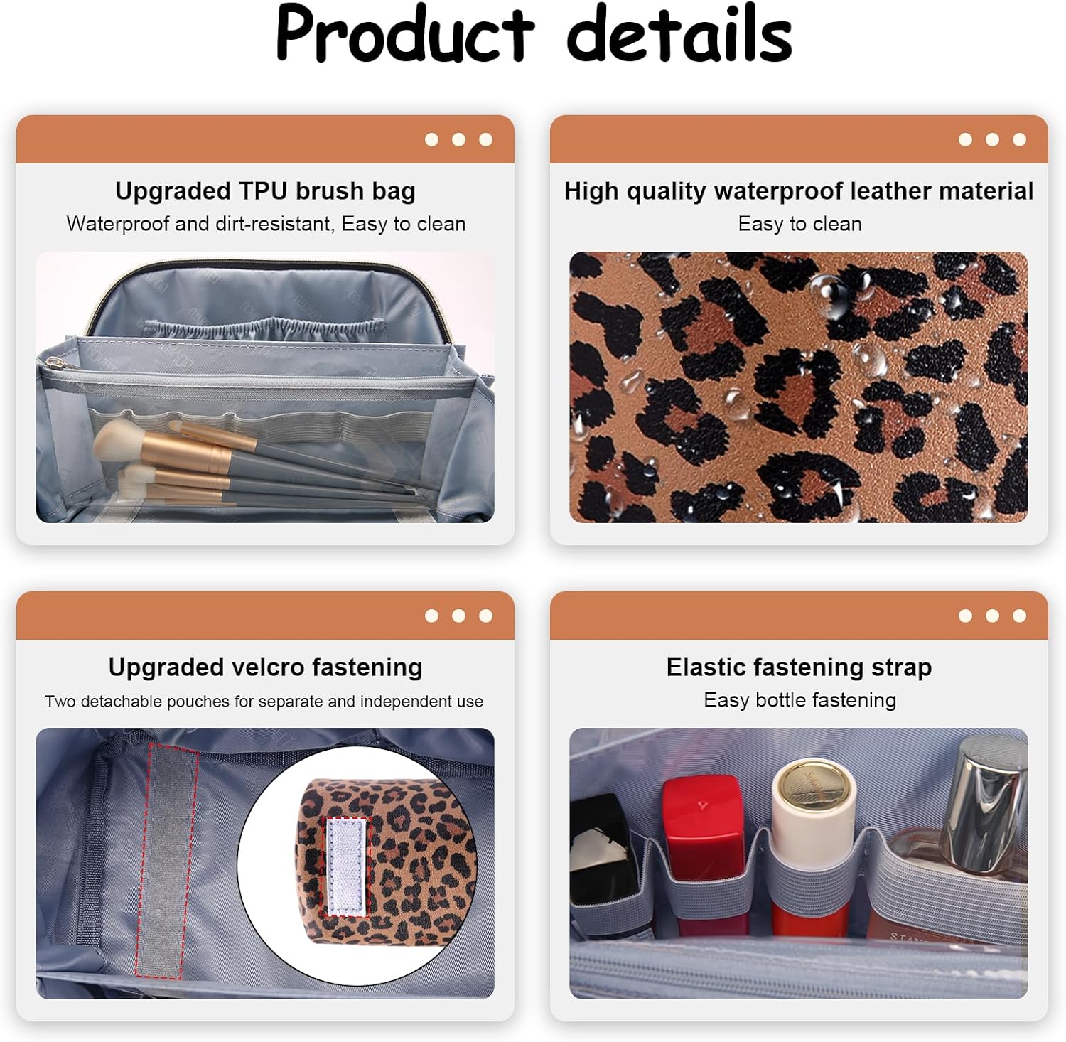 BOYATU Travel Makeup Bag for Women: 3 Pcs Set Portable Make up Bags with Handle - Leopard Print Cosmetic Bags with Comparments - Waterproof Vegan Leather Toiletry Bag (A-1-Brown) - Image 5