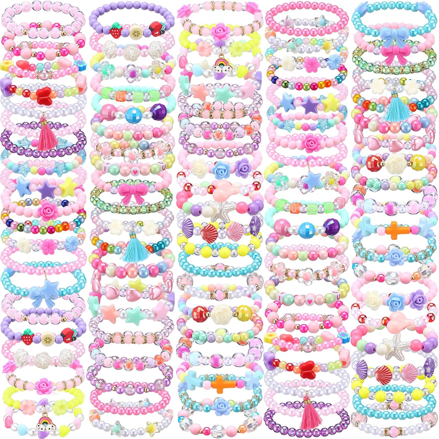 Ecally 100 Pcs Kids Bracelets for Girls Bulk Colorful Beaded Bracelets Little Girls Party Favors Easter Birthday Jewelry Gift for Kids Toddler
