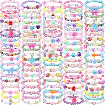 Ecally 50 Pcs Kids Bracelets for Girls Bulk Colorful Beaded Bracelets Little Girls Party Favors Easter Birthday Jewelry Gift for Kids Toddler
