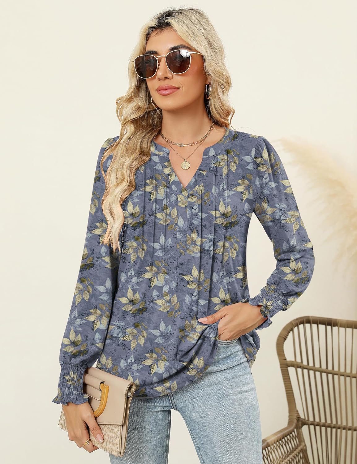 LOMON Womens Tops Dressy Casual Pleated Ruffle Long Sleeve Tunics Tops to Wear with Leggings V Neck Work Blouse - Image 2