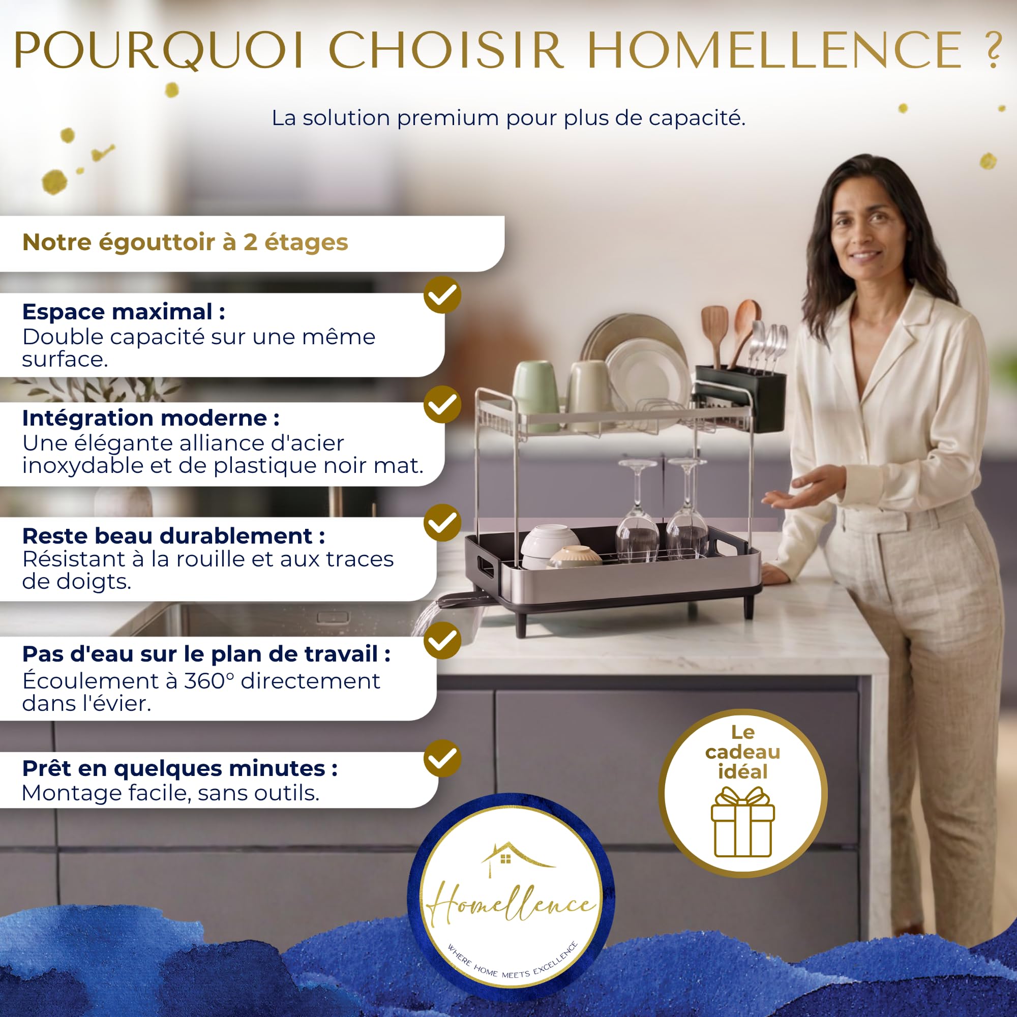Homellence Égouttoir à Vaisselle 2 Niveaux, Égouttoir Cuisine Compact, Noir