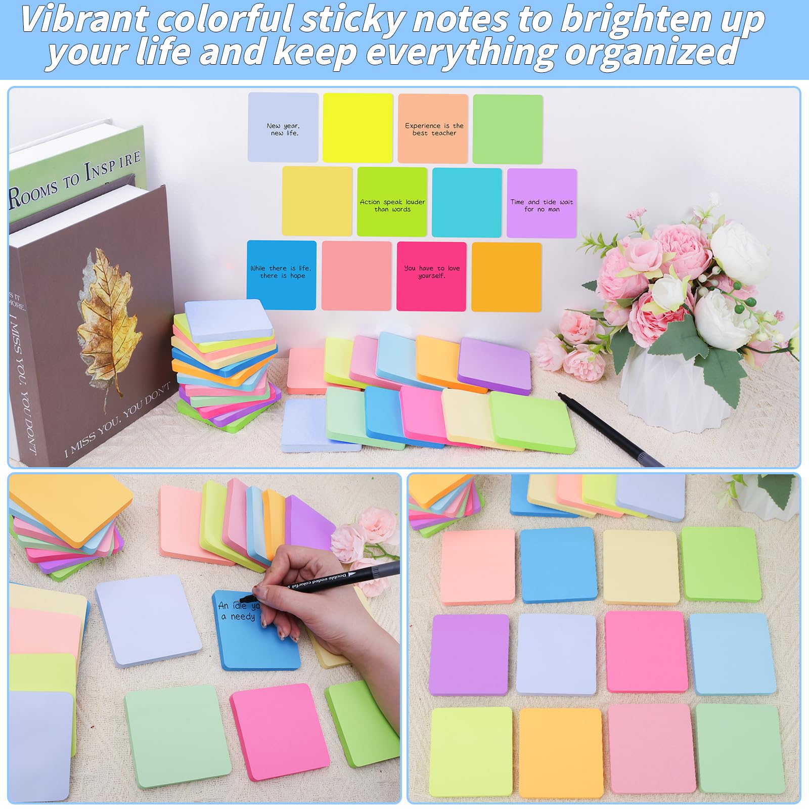 60 blocchetti di foglietti adesivi rotondi con angoli da 7,6 x 7,6 cm, 12 colori vivaci autoadesivi, resistenti blocchi per appunti, 75 fogli/pad, blocco note colorato, facile da pubblicare per casa