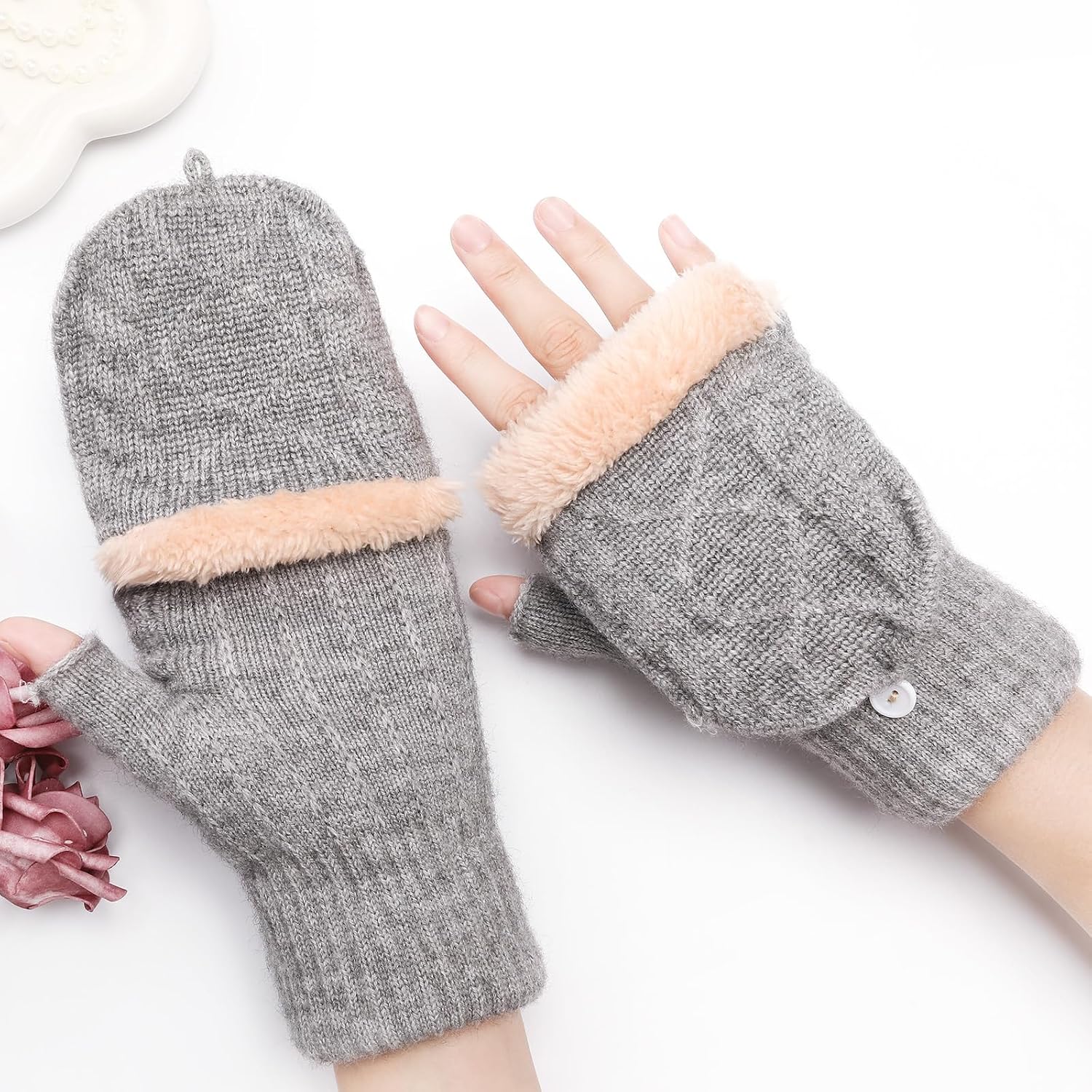 Tavaleu Womens Winter Fingerless Gloves for Men Women Convertible Thermal Knit Touchscreen Gloves with Flip Cover