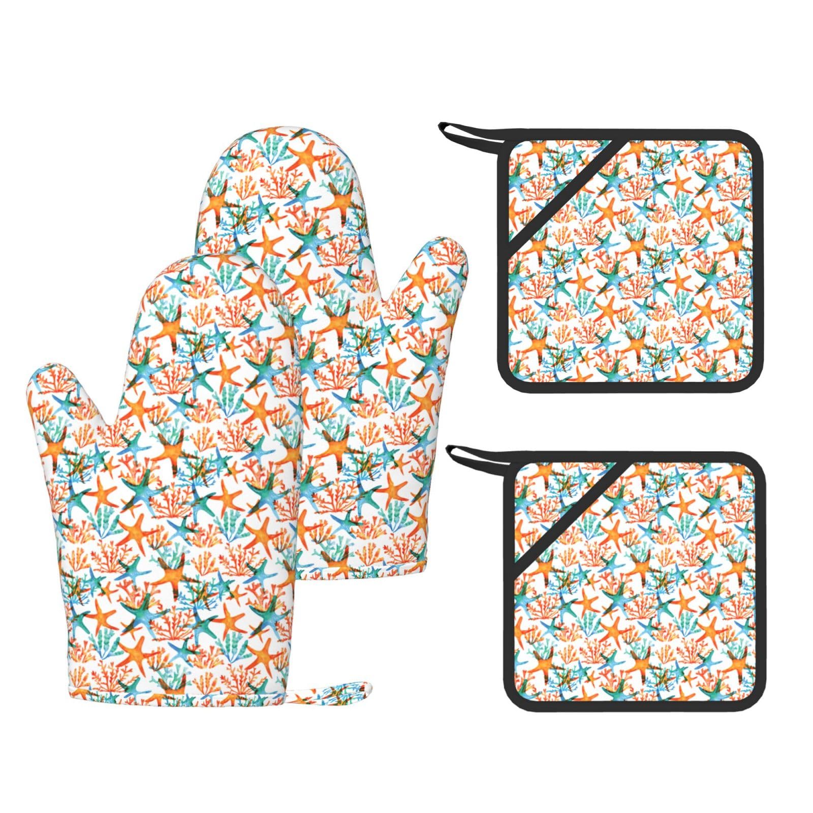 Marine Starfish Coral Fashion Printed Kitchen Kit with Heat Resistant Oven Mitts & Non-Slip Hot Pads for Baking