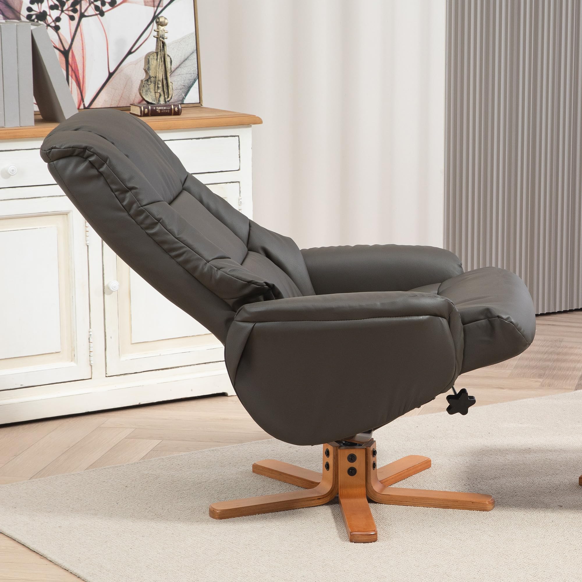 HOMCOM Fauteuil de relaxation avec repose-pied, fauteuil relax salon, dossier à bascule, fauteuil inclinable, assise rembourrée, revêtement synthétique, cadre en bois massif, design contemporain, gris