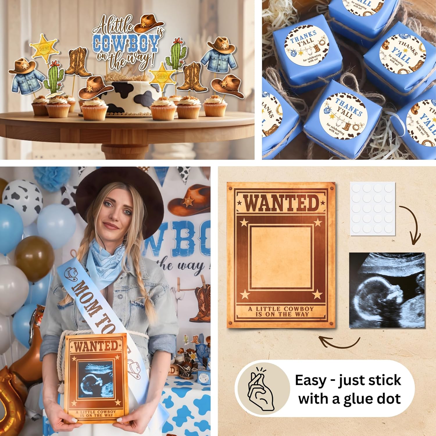 Premium Cowboy Baby Shower Decorations for Boy, A Little Cowboy is on the Way Decorations, Western Baby Shower Decor with Backdrop, Balloons, Banner, Table Decor, Sash, Photo Props, and More