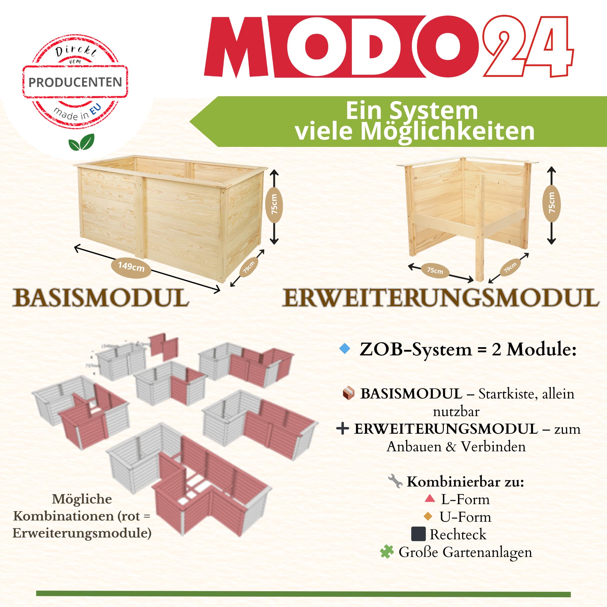 Hochbeet Holz XL, Modulares Blumenbeet & Gemüsekiste aus Kiefernholz, Blumenkasten, Gemüsebeet, Kräuterbeet, Anzuchtset, Anzuchtkasten, Wetterfest, Abmessungen 75x149x79 cm, Farbe: Braun