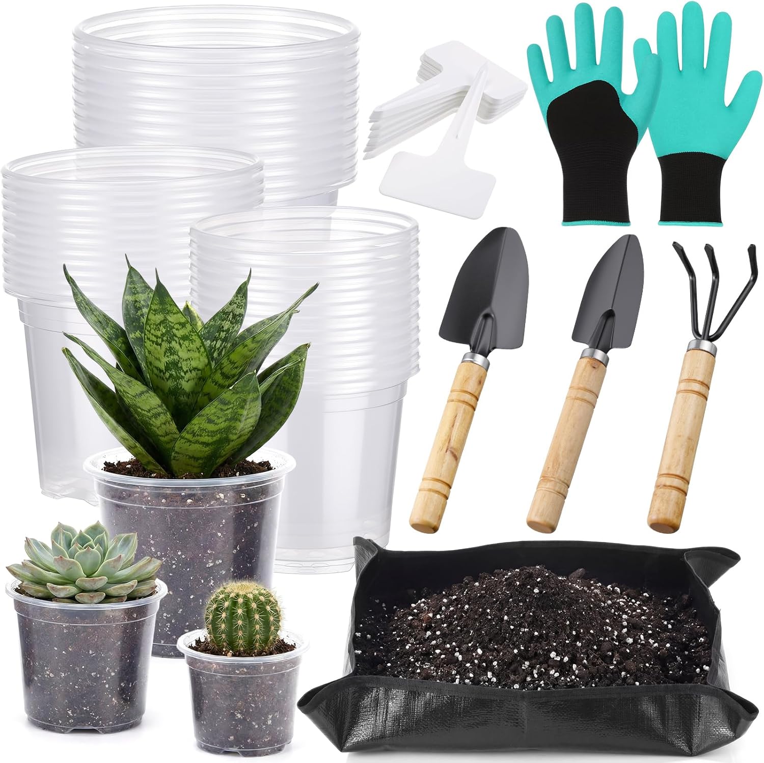 83 Pcs Garden Supplies Tools Kit, 5/6/7 Inch Clear Plastic Plant Pots with Transplanting Mat, Trowel Cultivator Rake Set, Label & Glove, Succulent Tools Gift for Plant Lovers Accessory