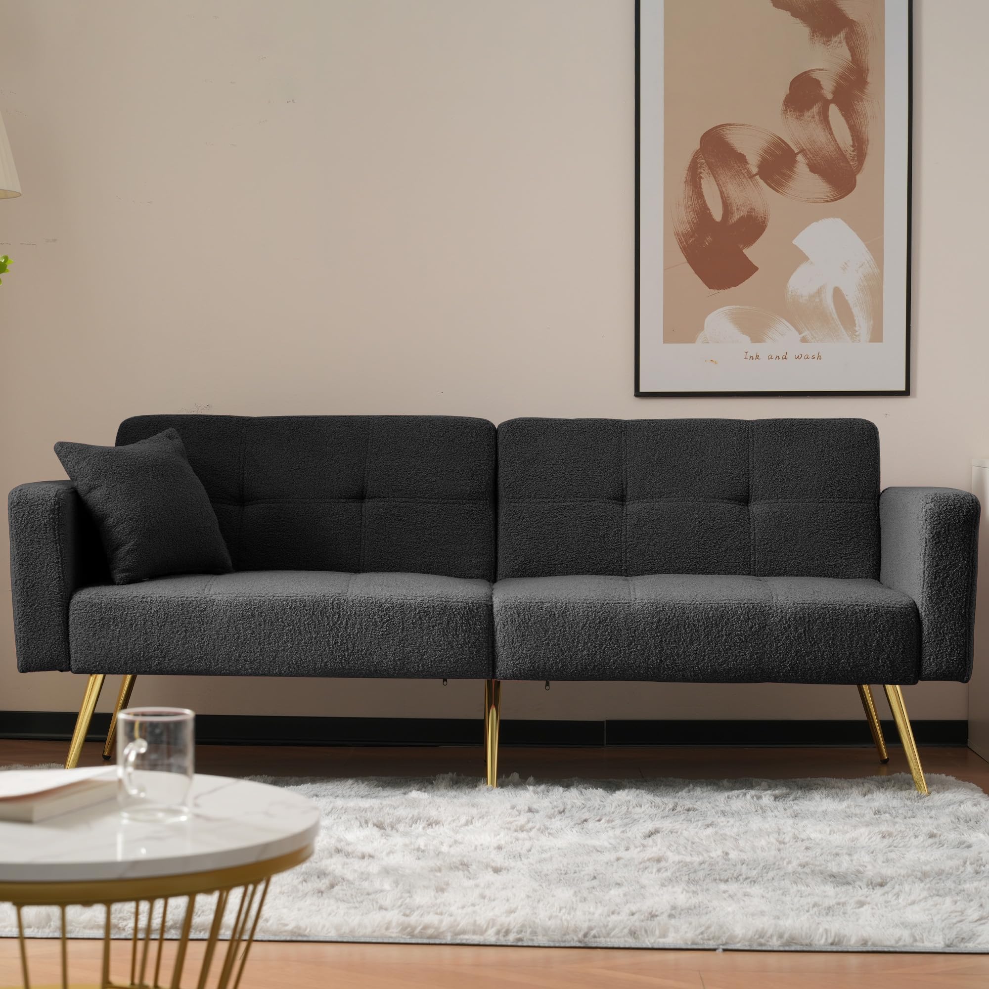 Kebnor Sofá cama con función de cama, ángulo ajustable, patas doradas, con cojines y bolsillos laterales de almacenamiento (gris oscuro)