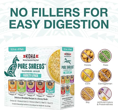 Miniatura 5 de KOHA Pet Food Pure Shreds - Paquete variado de alimentos húmedos para perros con alto contenido de proteínas, 5 sabores, carne de res, pato, pollo y