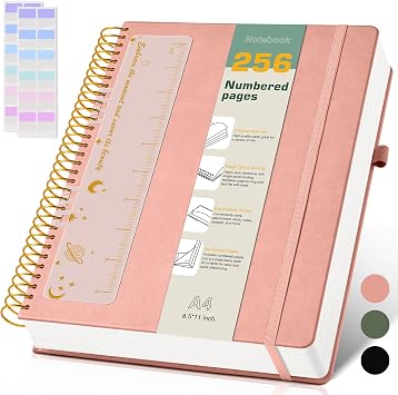 A4 Spiral Notebook Journal 8.5 x 11, 256 Numbered Pages Hardcover Leather Journals for Women Men, Large Lined College Ruled Notebooks, 100GSM Thick Paper, Spiral Bound Journal for Work School, Pink