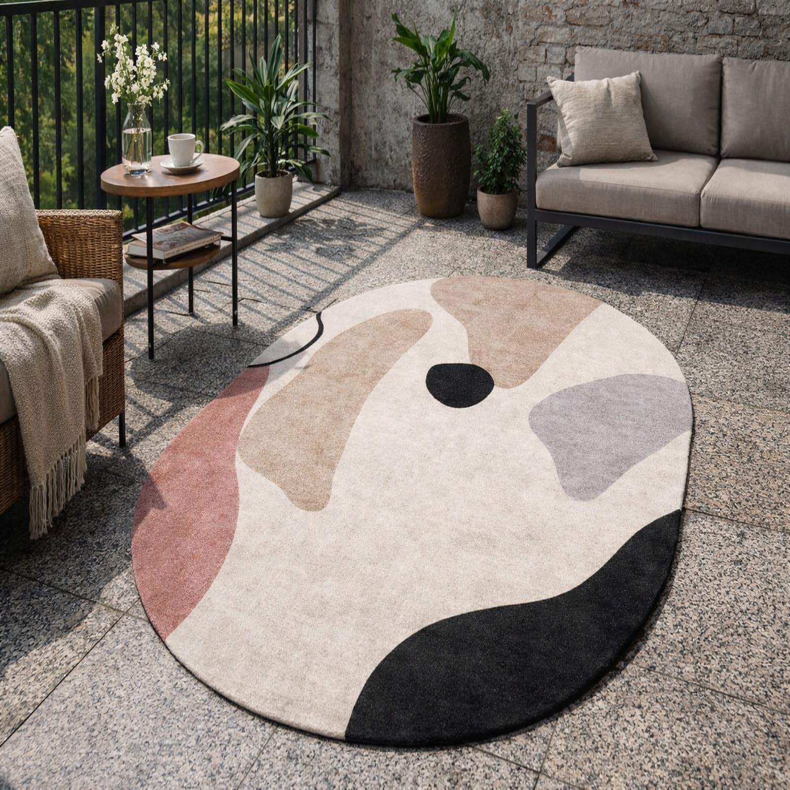 Tapis ovale déco tableau abstrait moderne 70x120 cm beige gris
