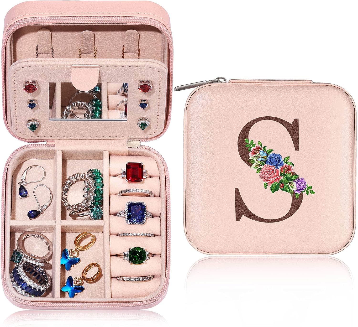 Birthday Personalized Gifts for Women Friend Sister, Small Travel Jewelry Case Jewelry Box Jewelry Organizer, Ring Necklace Earring Jewelry Holder Organizer Box with Mirror Letter (S)