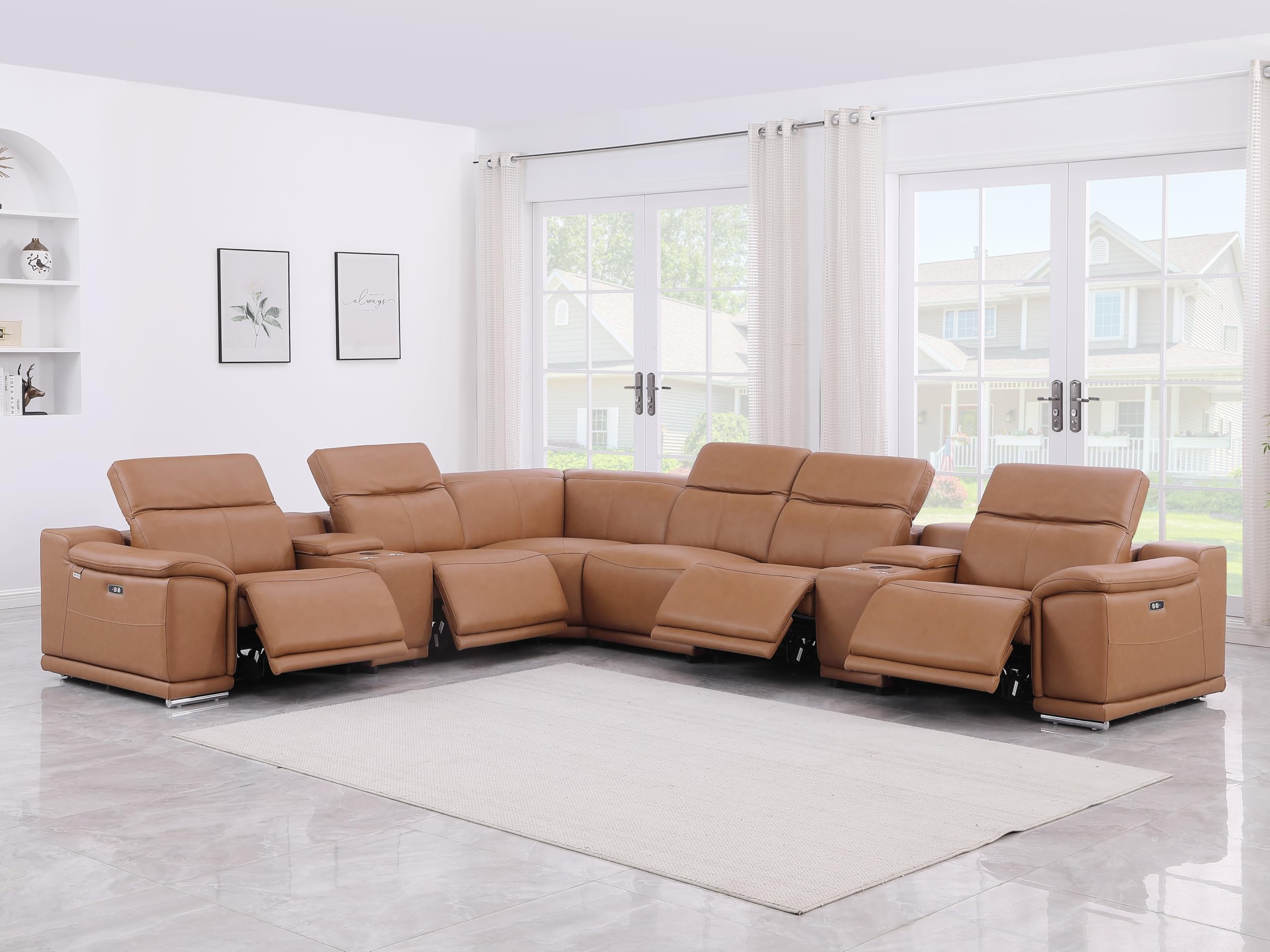 BlackJack Furniture Venice 8 Piece Top Grain Italian Leather Sectional Sofa with 4-Power Recliners, Adjustable Headrest, Lumbar Support, USB &amp; Wireless Charger, Large Storage, 2 Consoles, Cognac