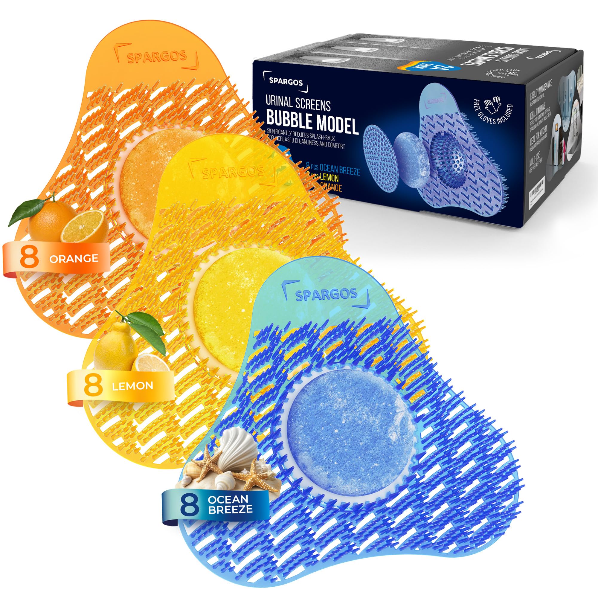 Spargos Urinal Screen Deodorizer, 24 Pack Blue Yellow Orange