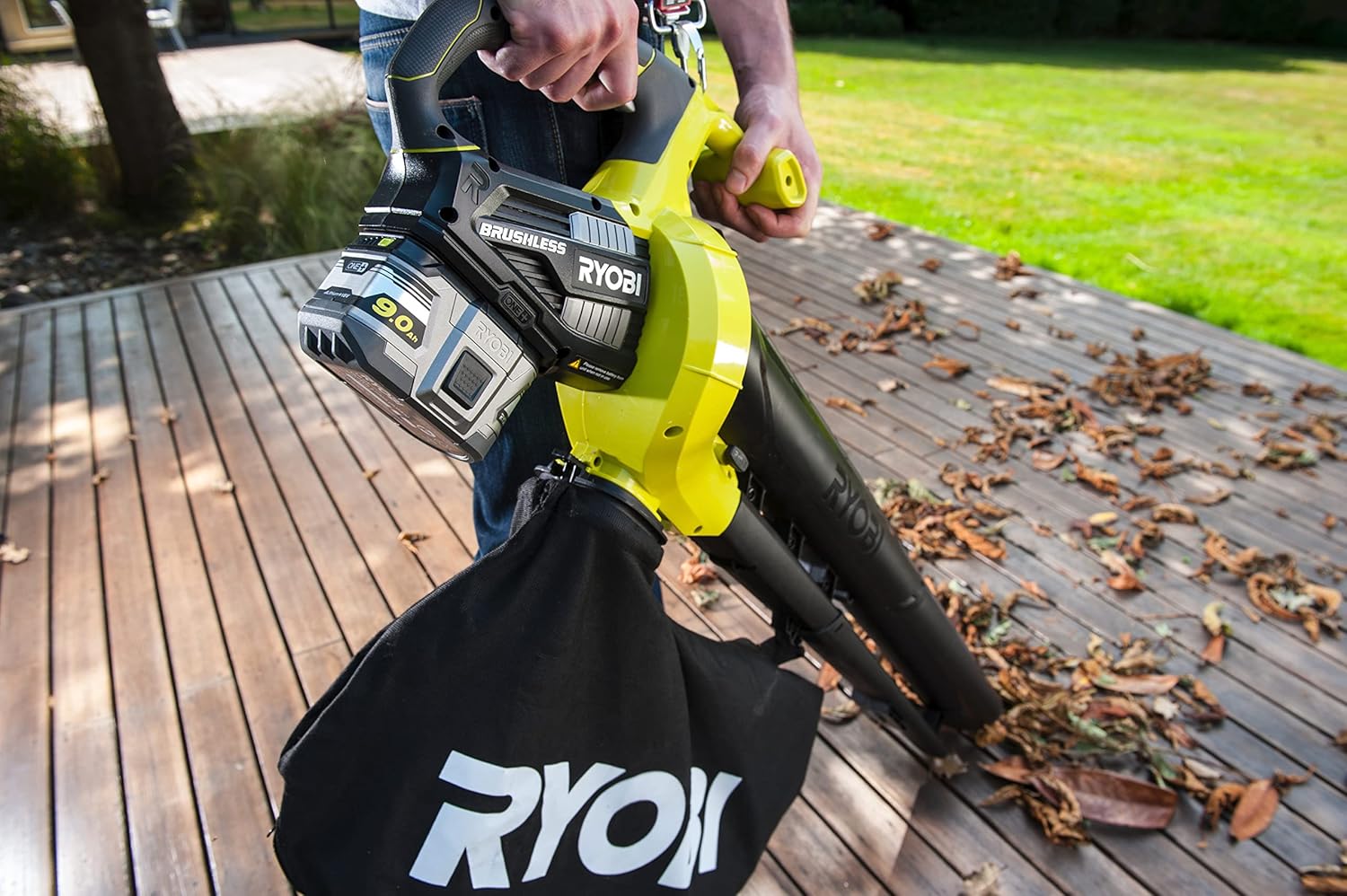 Ryobi 9.0Ah battery inserted into a leaf blower