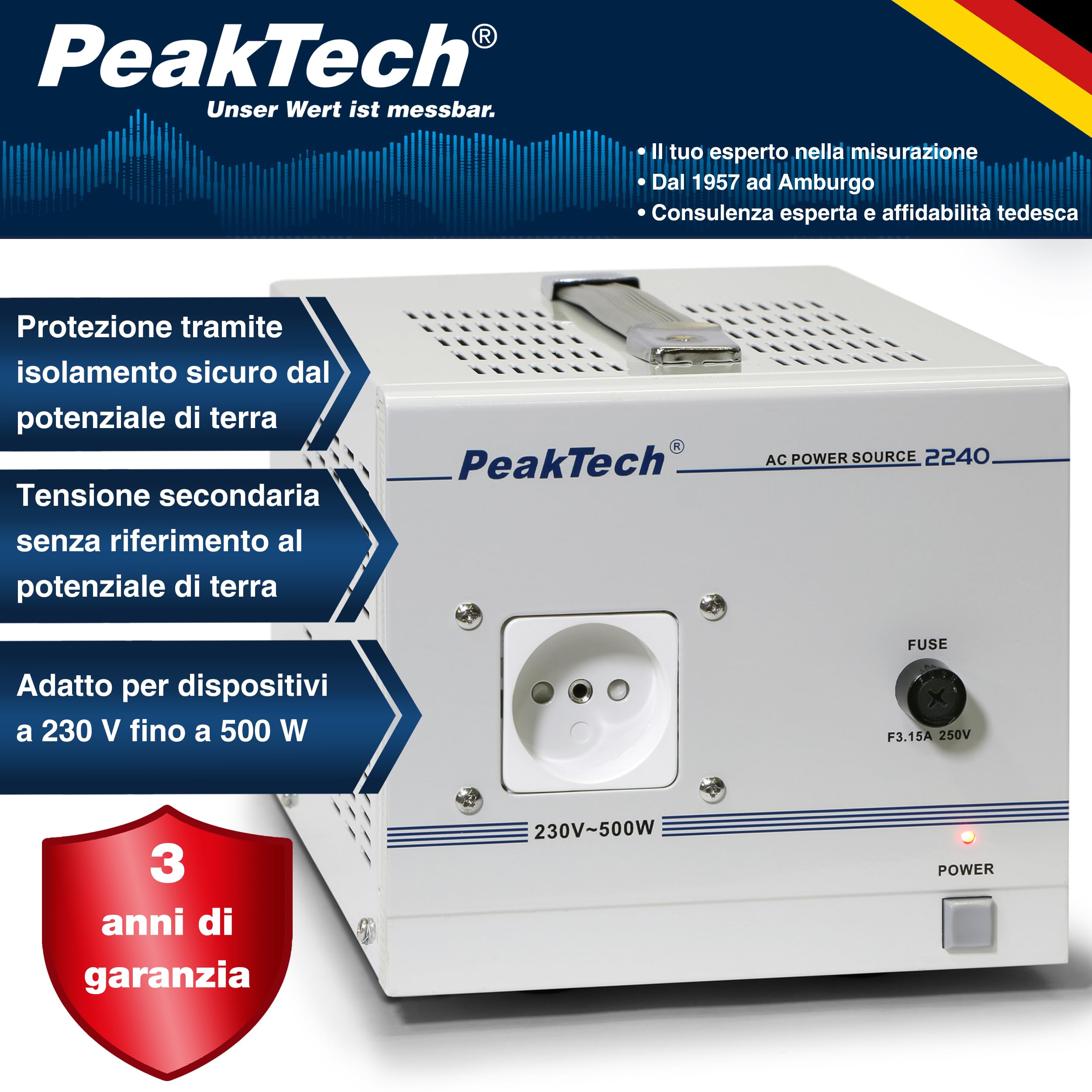 Peaktech 2240 - Trasformatore di Isolamento, Dispositivo di Misurazione, Nucleo Toroidale, Isolamento Galvanico, Classe di Protezione 1-160 x 125 x 235 mm