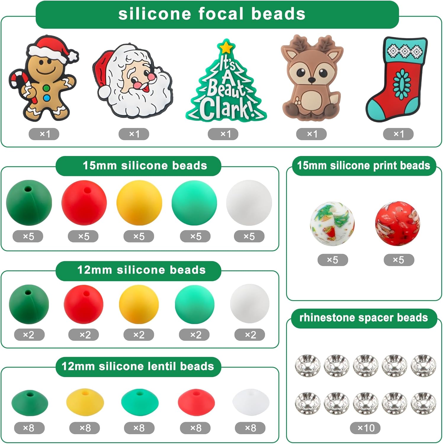 100Pcs 12mm 15mm Christmas Focal Silicone Beads for Keychain Bracelet Making, 8mm Rondelle Rhinestone Spacer Beads for Pens - Image 2